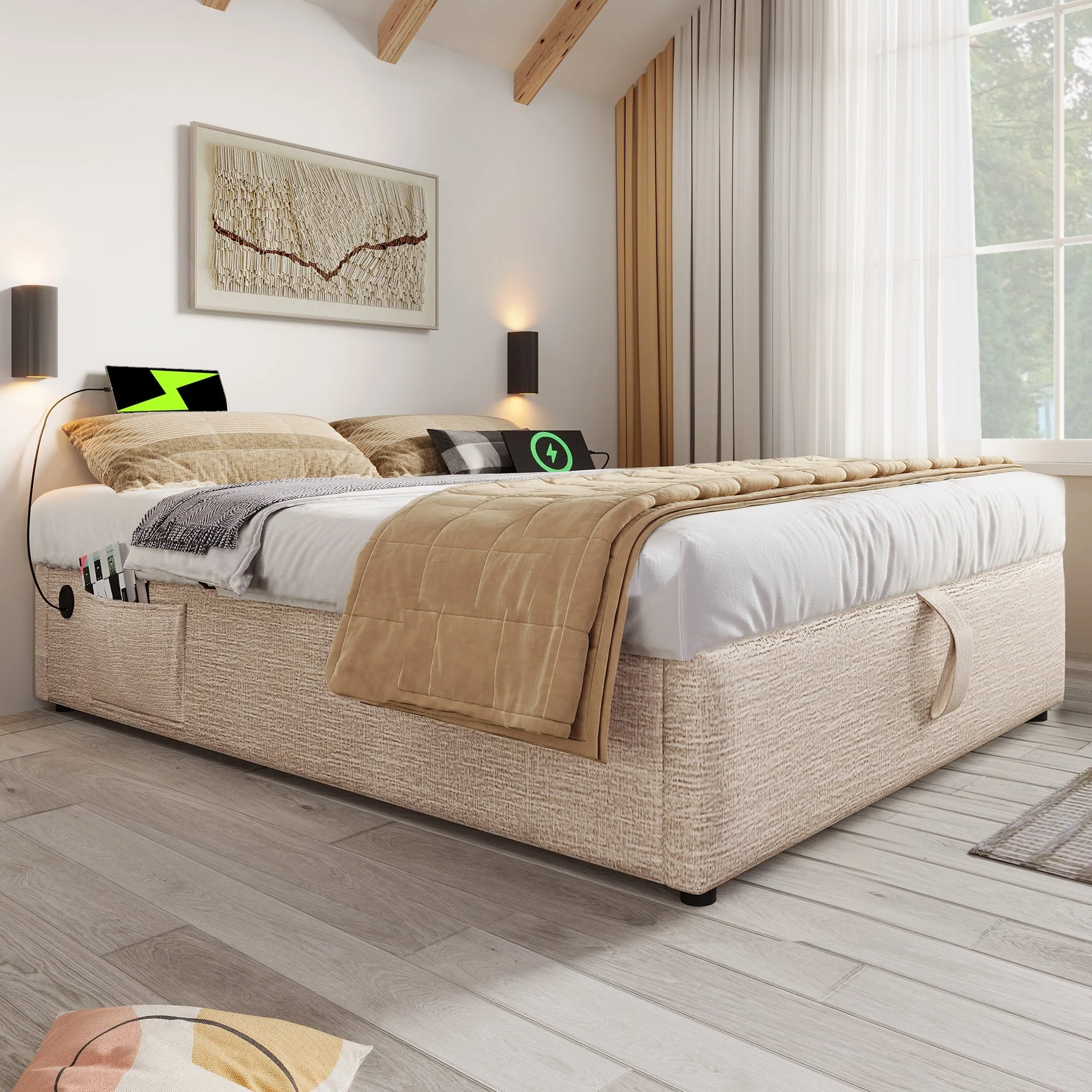 Upholstered Double Bed with Storage and USB-C, 160x200cm, Natural Linen - Image 4