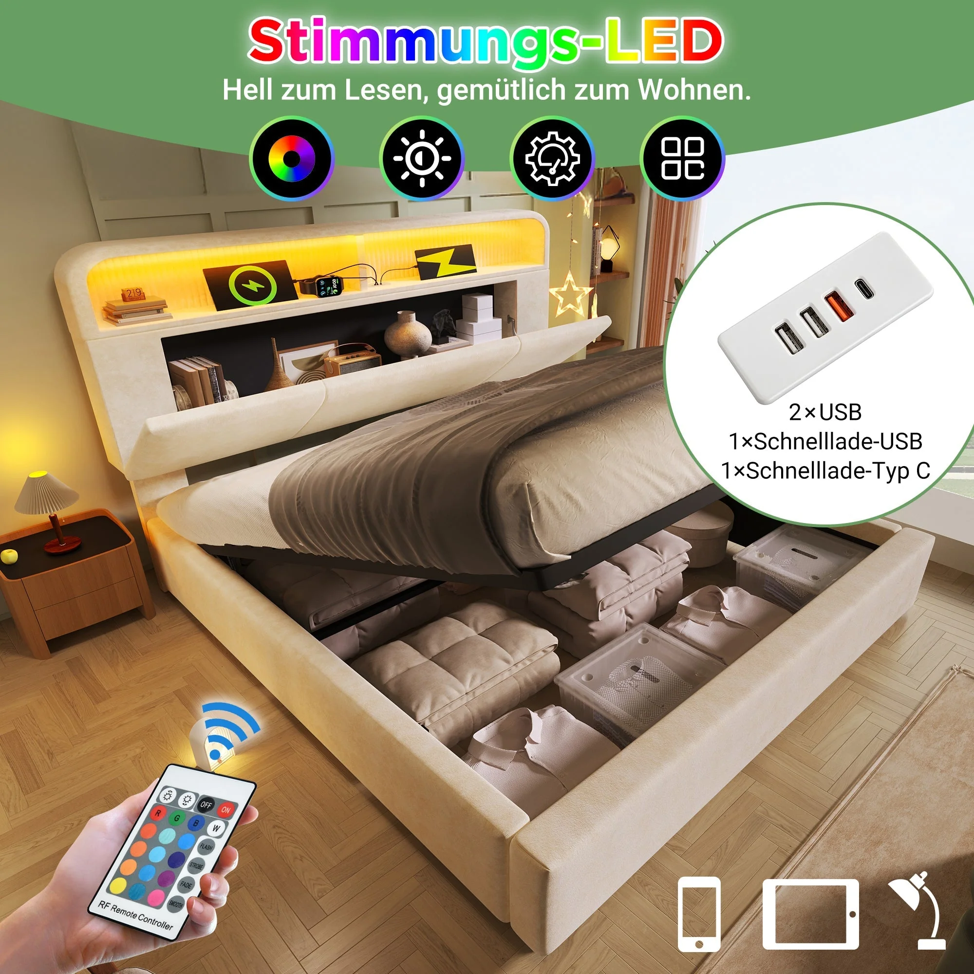 Upholstered Double Bed with Storage Headboard, Hydraulic Lift, LED and USB Charging, 180x200cm, Beige Velvet - Image 4