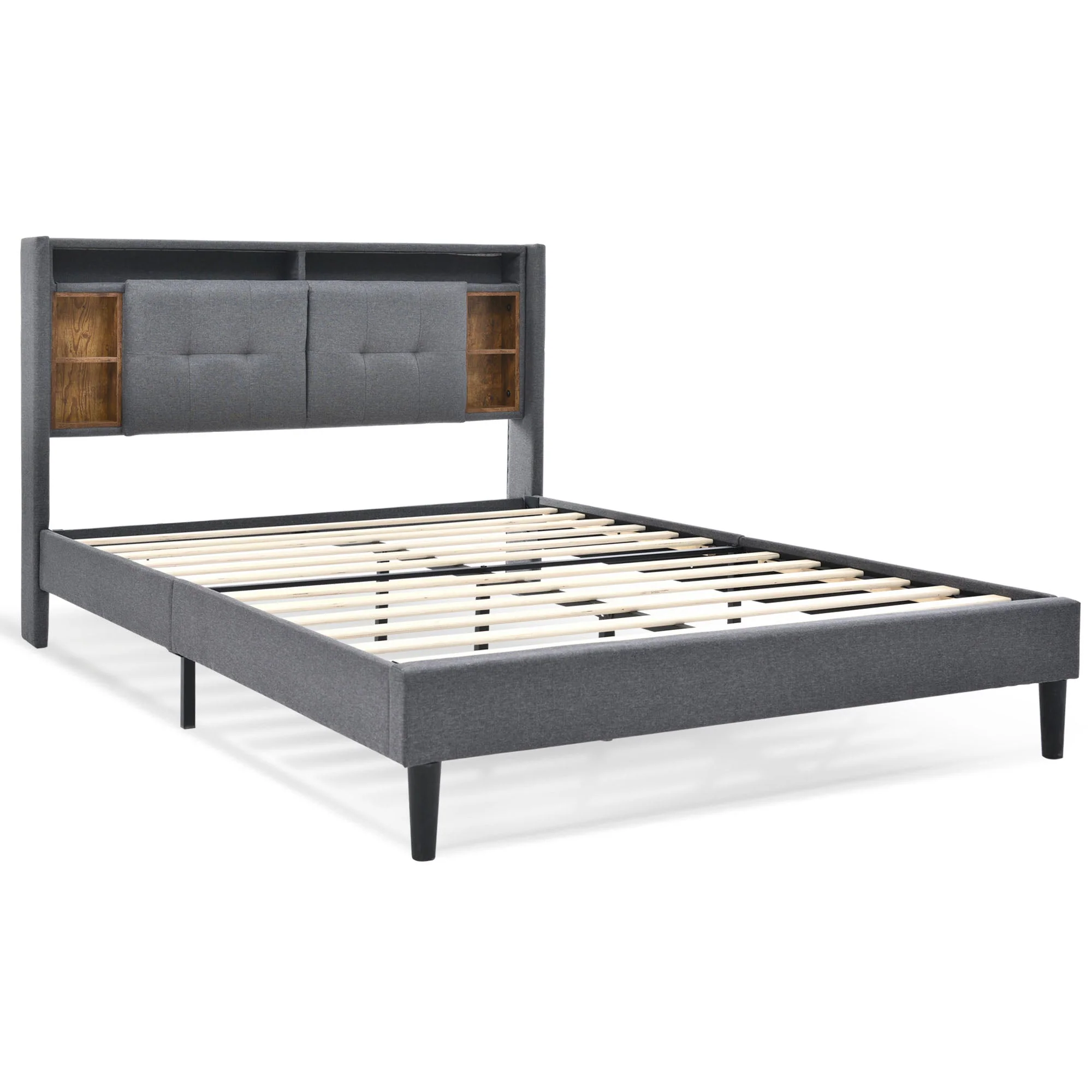 Upholstered Double Bed with Storage Headboard, USB & LED, Wooden Slats, Grey - Image 10