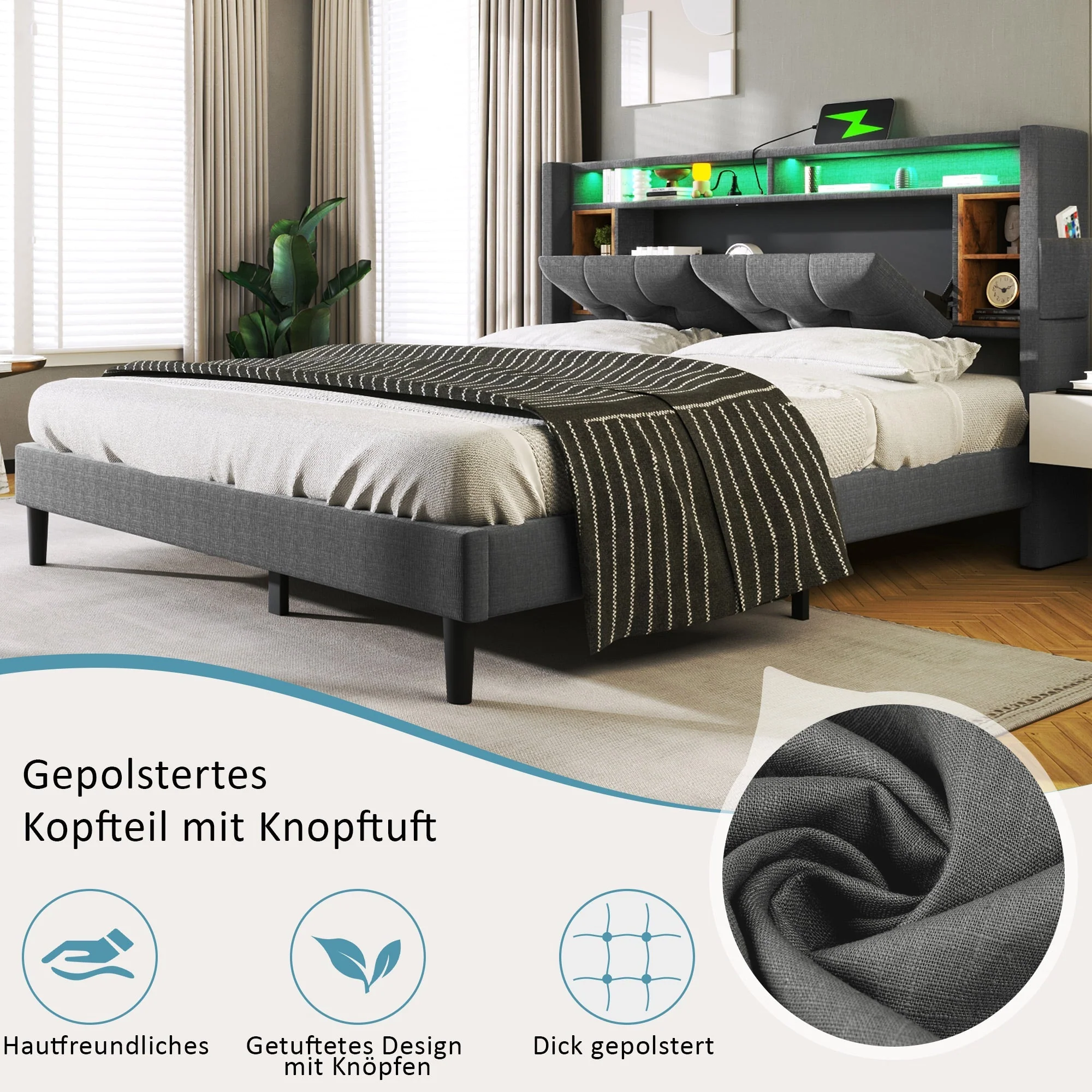 Upholstered Double Bed with Storage Headboard, USB & LED, Wooden Slats, Grey - Image 3