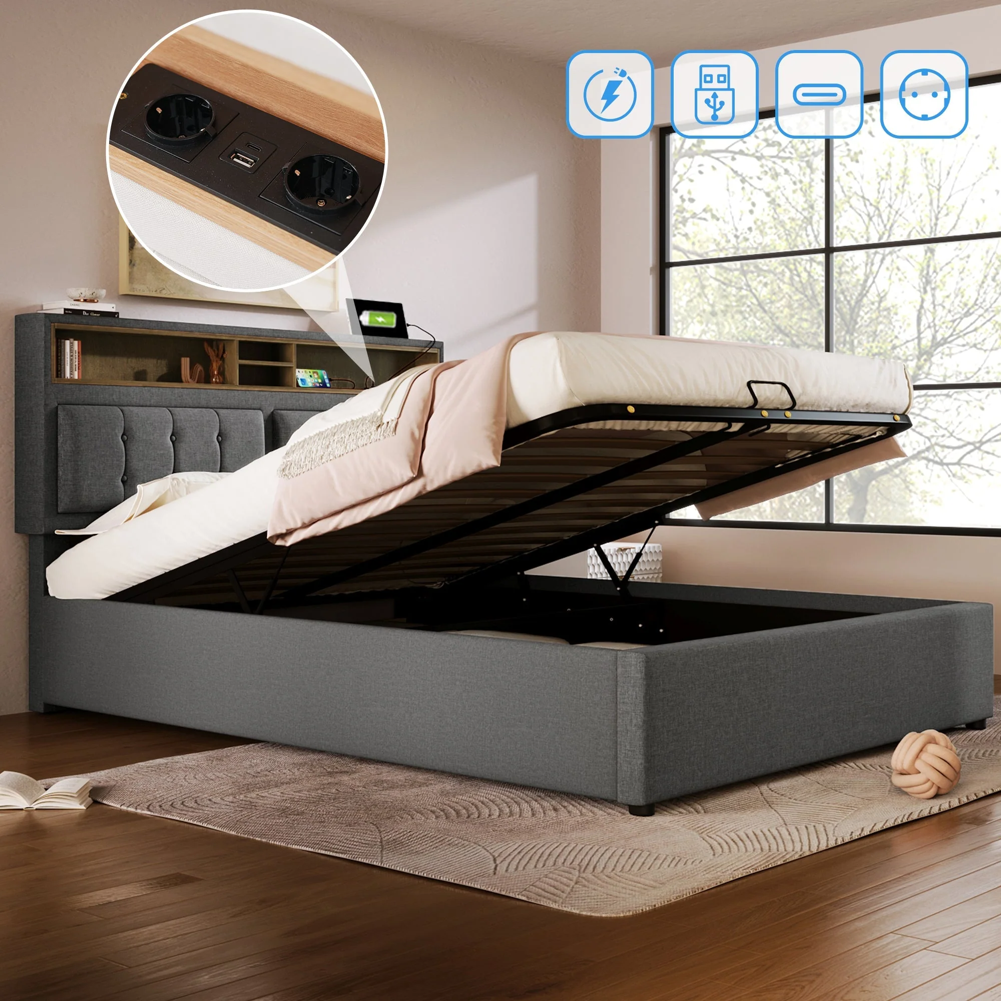 Upholstered Double Bed with USB C, Storage & Slatted Frame, Linen - Image 2