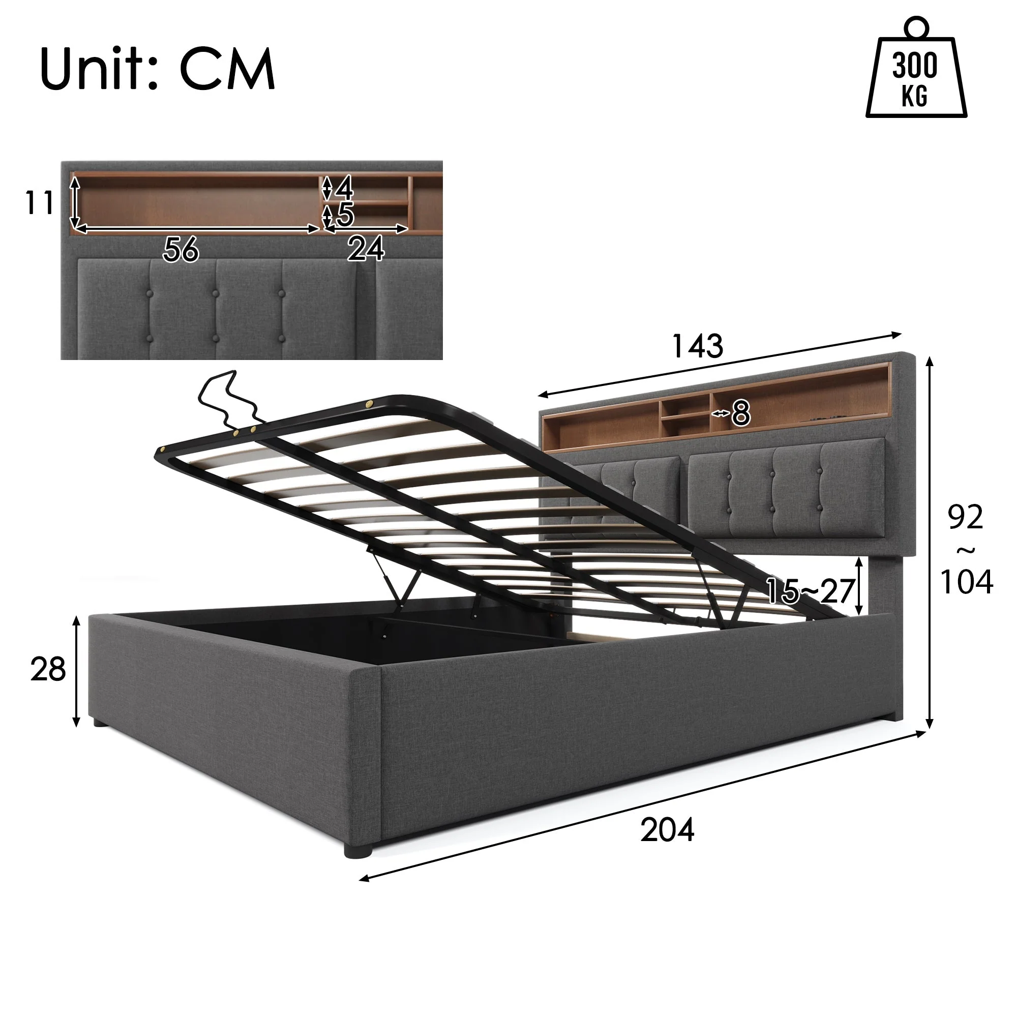 Upholstered Double Bed with USB C, Storage & Slatted Frame, Linen - Image 6