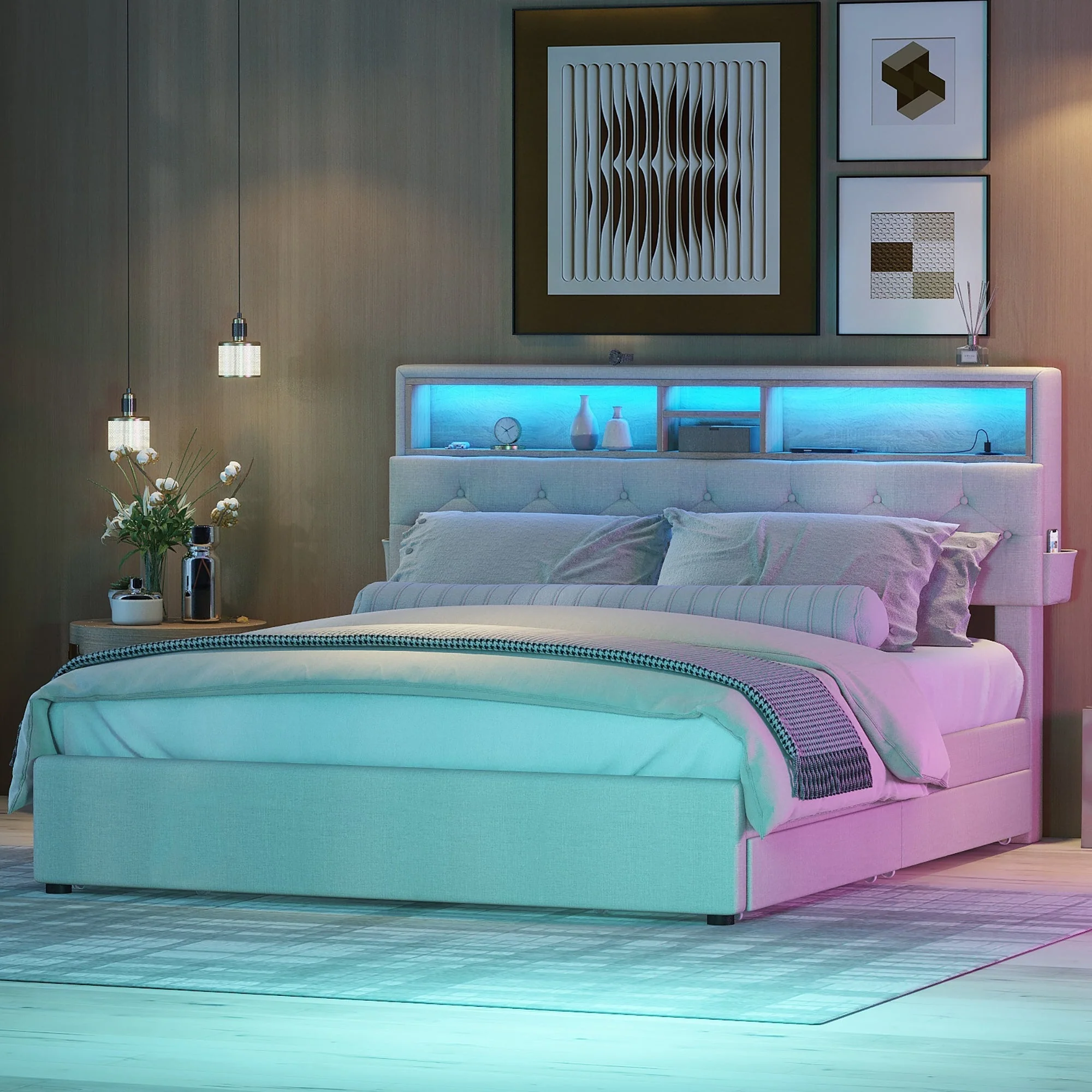 Upholstered Double Bed with USB Charging, LED Lighting and 4 Drawers, Beige - Image 2