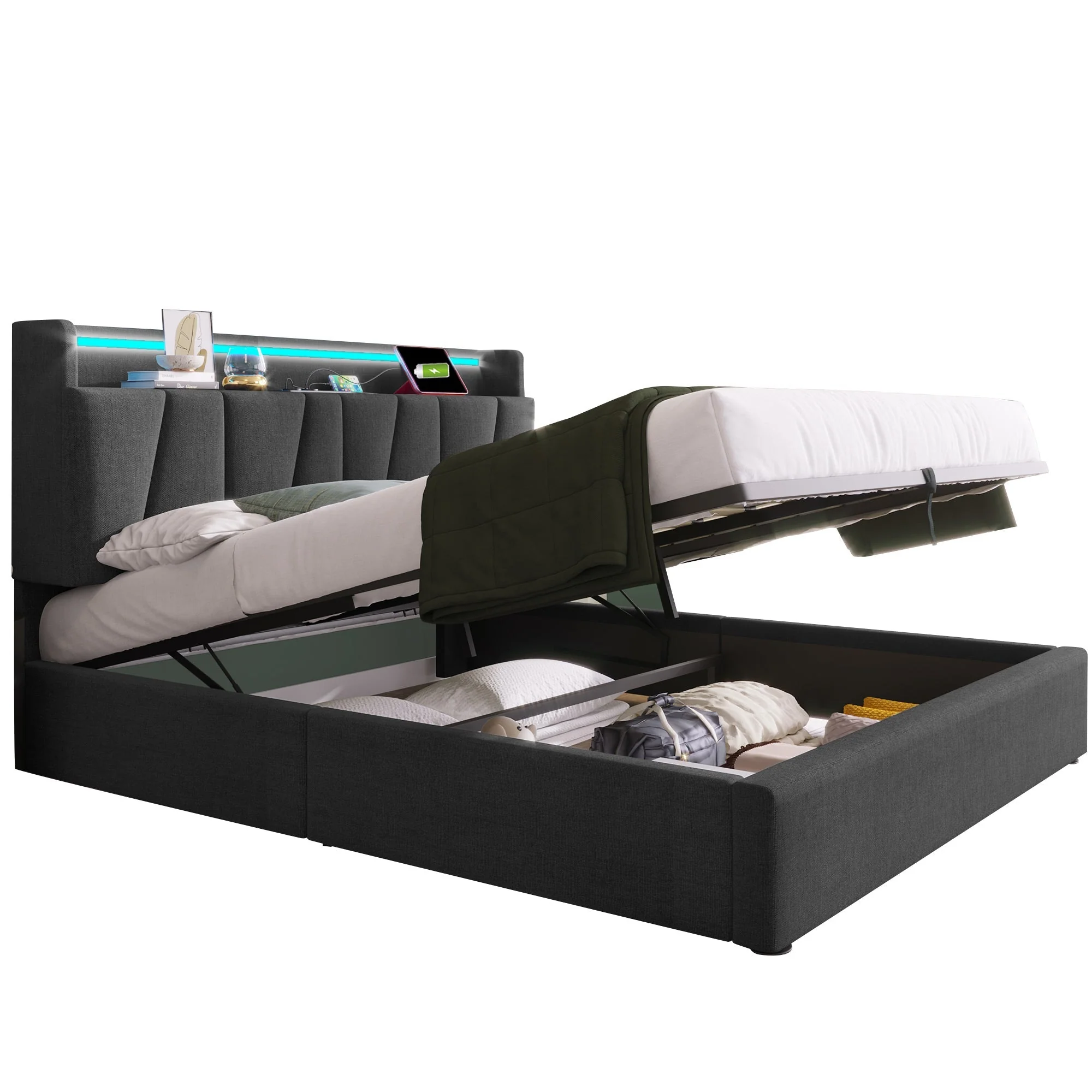 Upholstered Double Bed with USB Charging, LED Lighting & Storage Headboard, Wooden Slatted Frame, Grey - Image 6