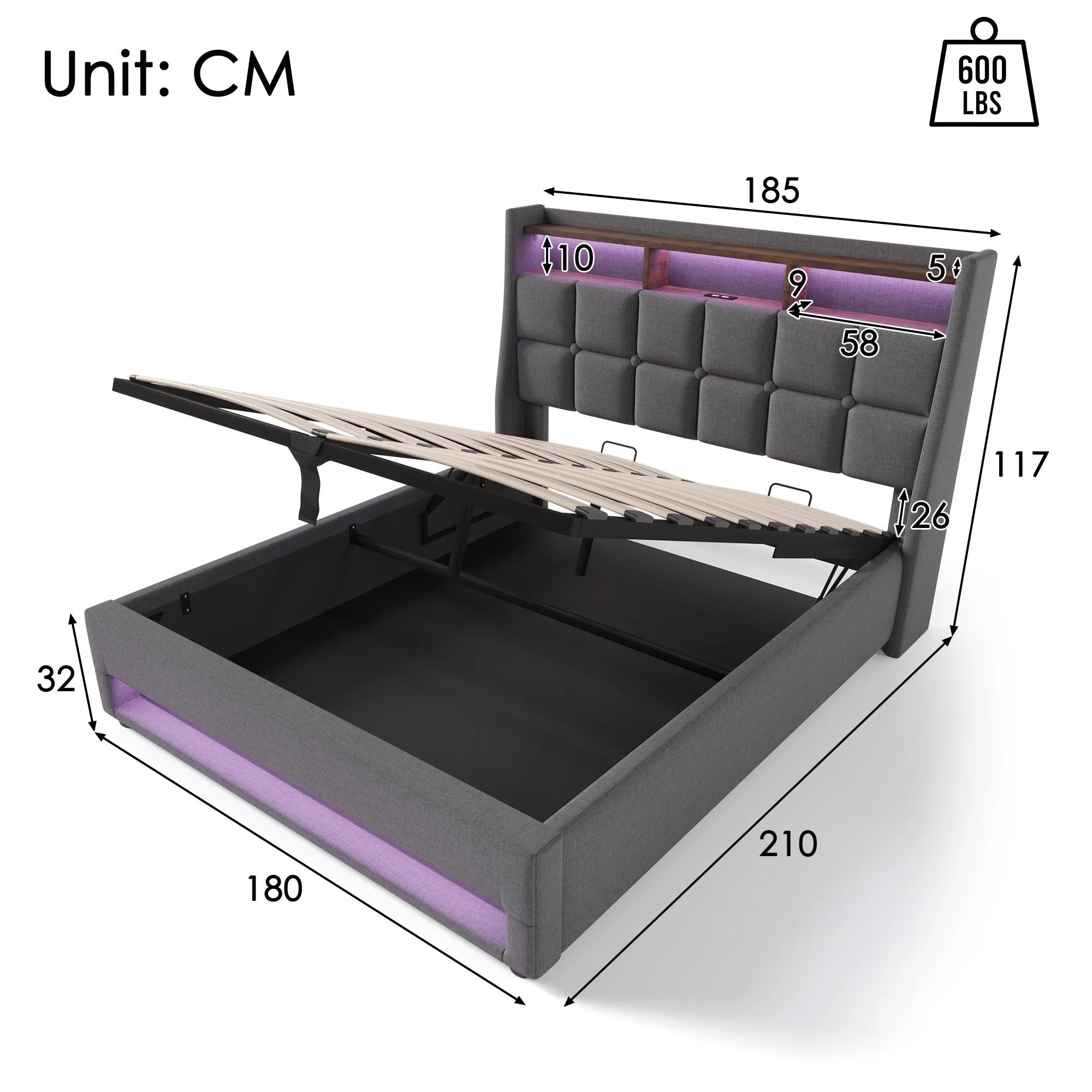 Upholstered Double Bed with USB, LED and Metal Slatted Base, 180x200cm, Grey Linen - Image 3
