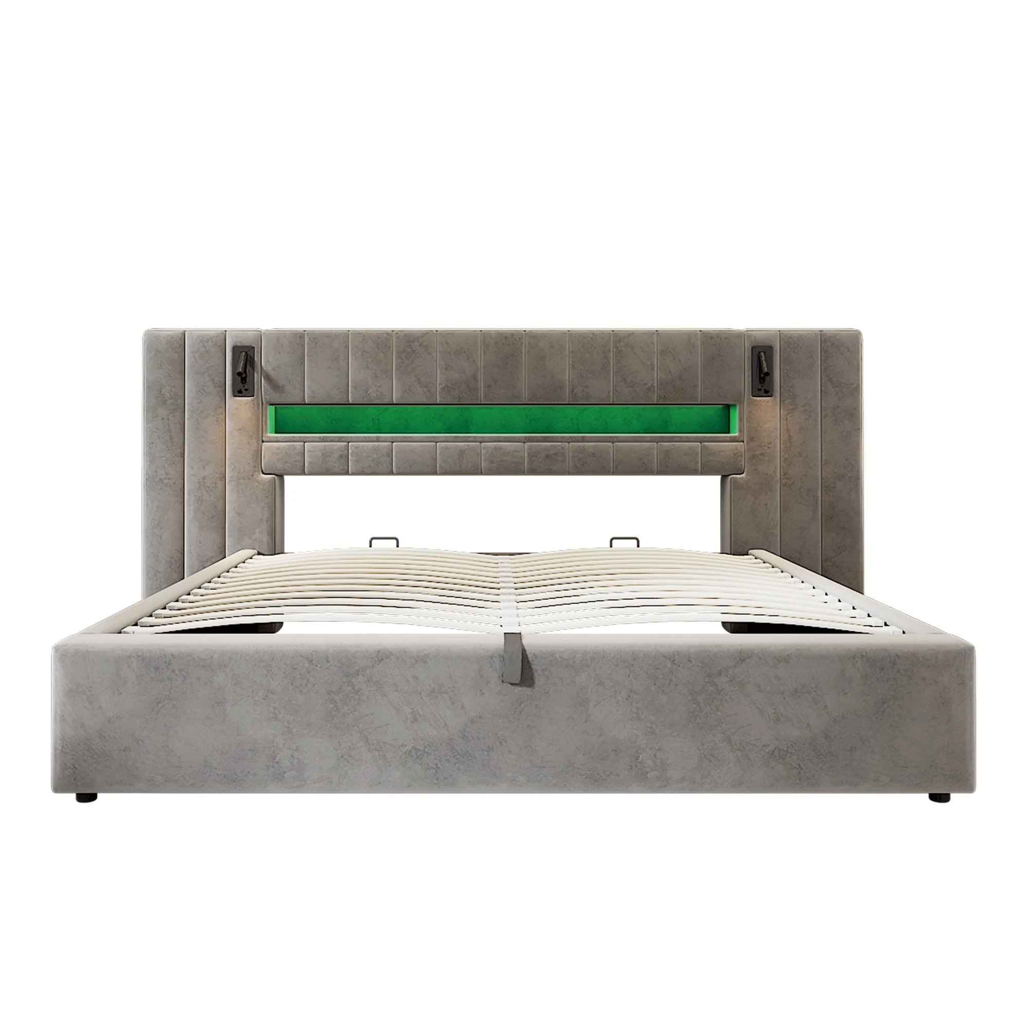 Upholstered Double Bed with USB Port, LED Lighting and Storage, 160x200cm, Grey Velvet - Image 9
