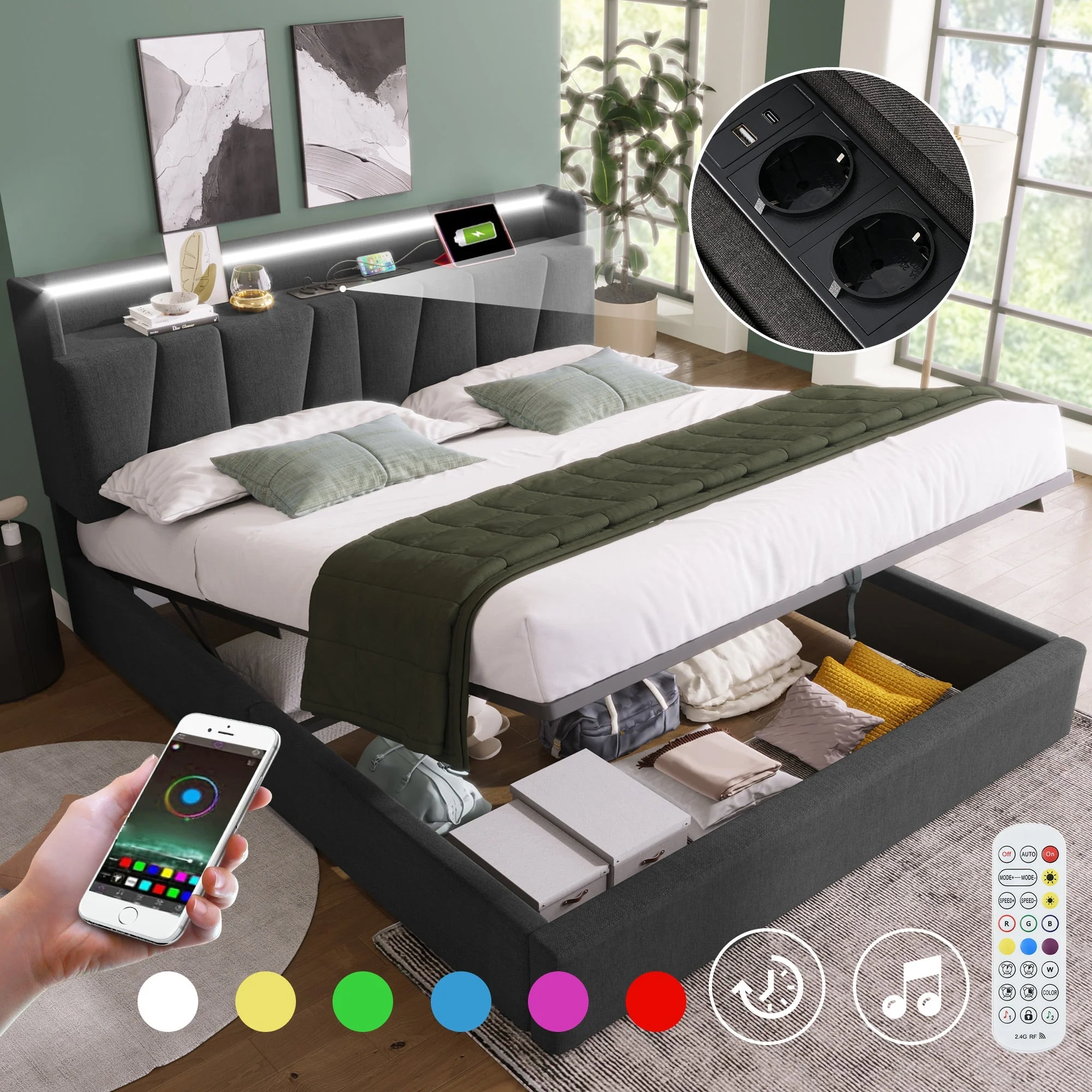 Upholstered Double Bed with USB, Storage Headboard and LED, 140x190cm, Grey Wood - Image 3