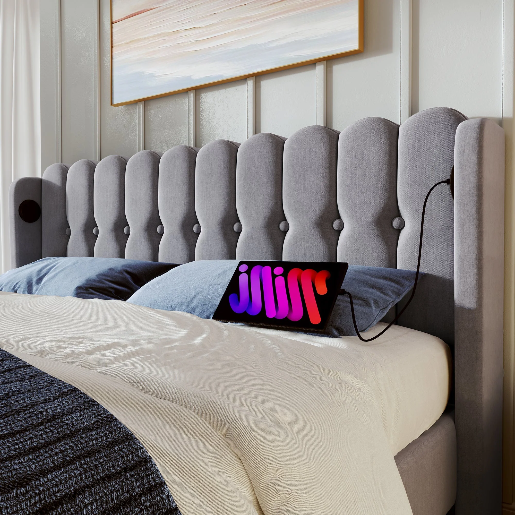 Upholstered Double Bed with USB Type C, Slatted Frame, 160 x 200 cm, Gray Linen - Image 10