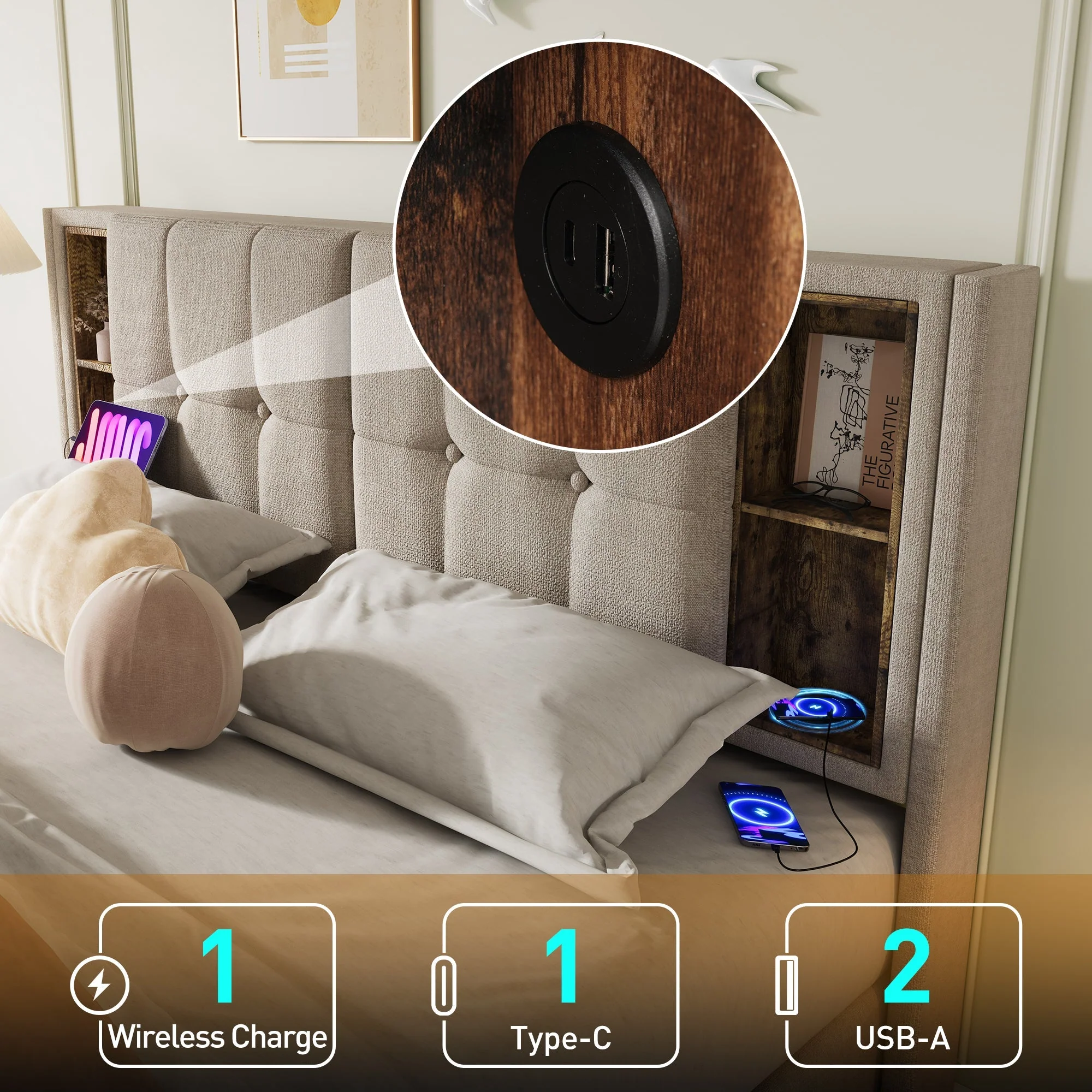 Upholstered Double Bed with Wireless Charging, Hydraulic Storage, 4FT6 Bed Frame, Linen Fabric, Natural - Image 4