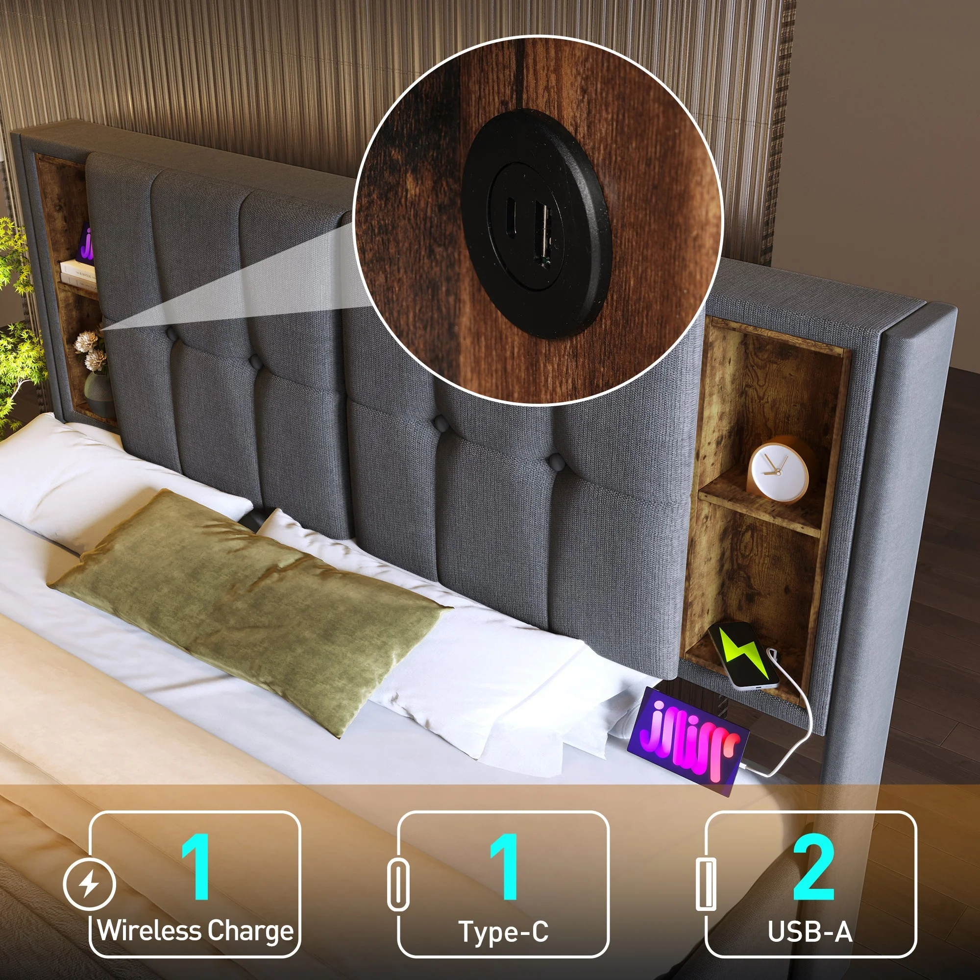 Upholstered Double Bed with Wireless Charging, Hydraulic Storage & Lift, 4FT6 Linen Fabric, Grey - Image 4