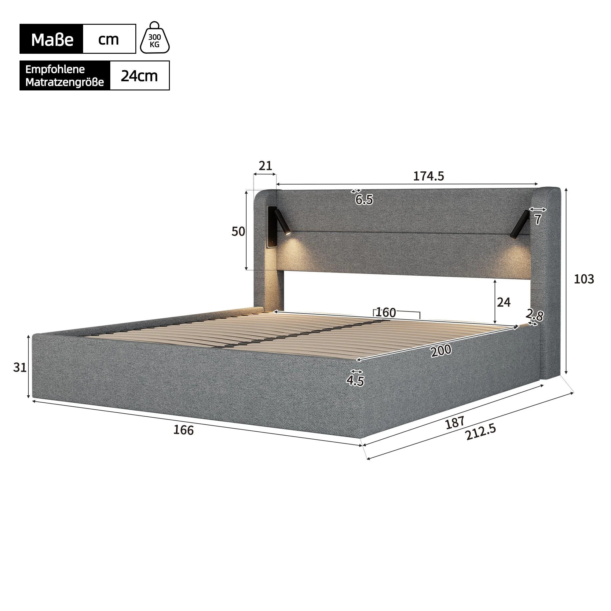 Upholstered Double Storage Bed with Mood Lighting, 160x200cm, Grey Chenille - Image 3