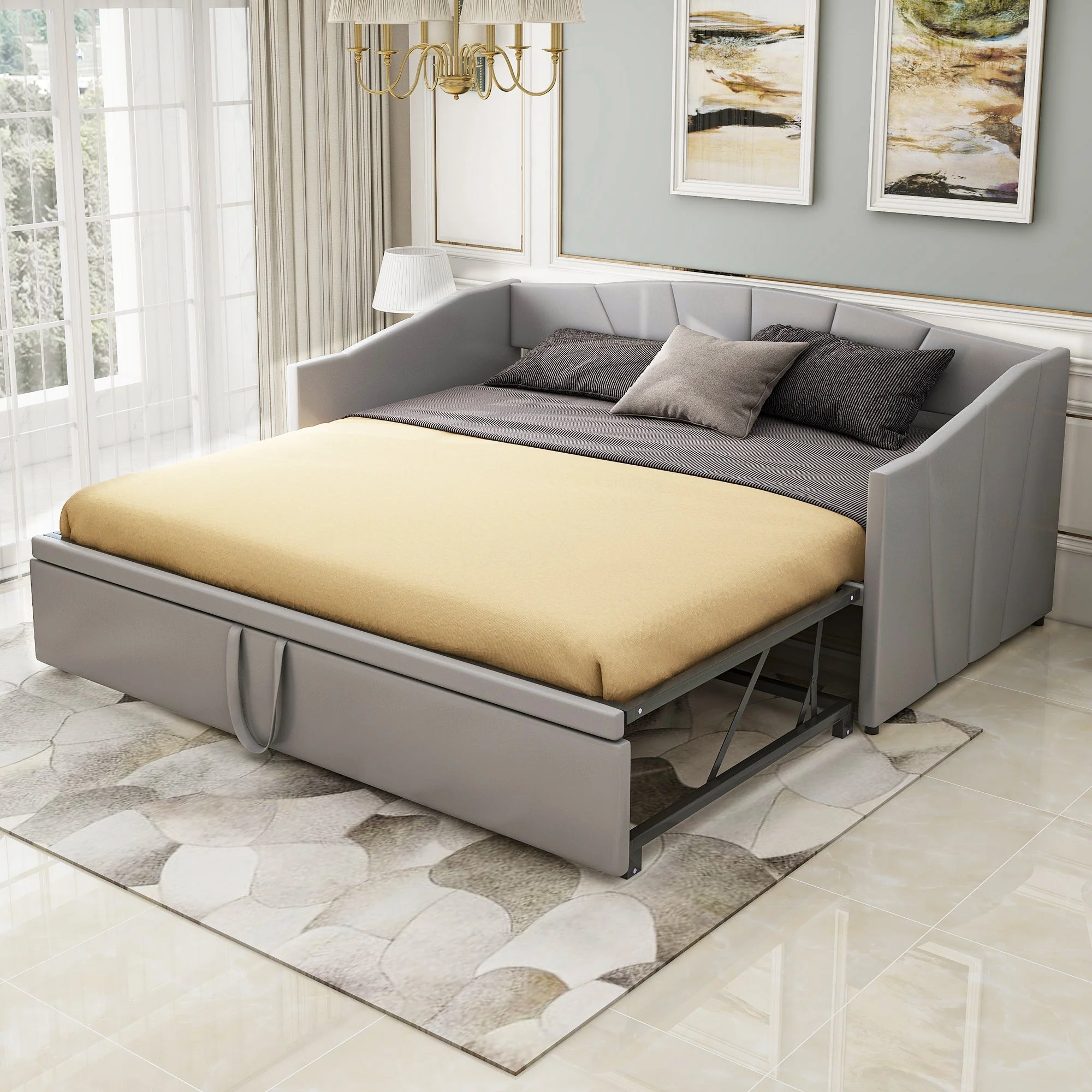 Upholstered Extendable Sofa Bed 90/180x200 cm with Slatted Frames Velvet Grey - Image 4