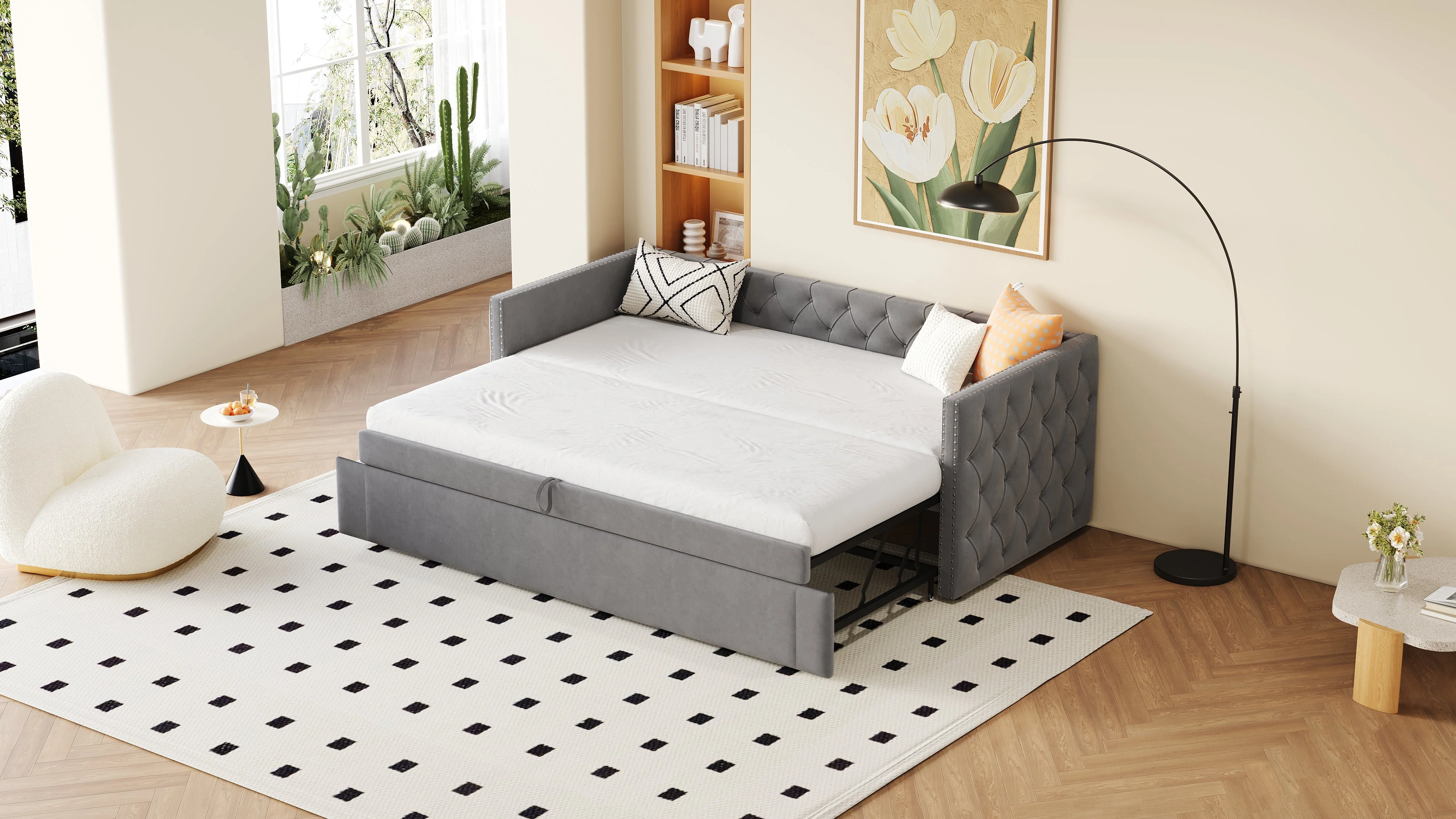 Upholstered Extendable Sofa Bed 90x200cm Multifunctional Slatted Base - Grey Velvet - Image 6