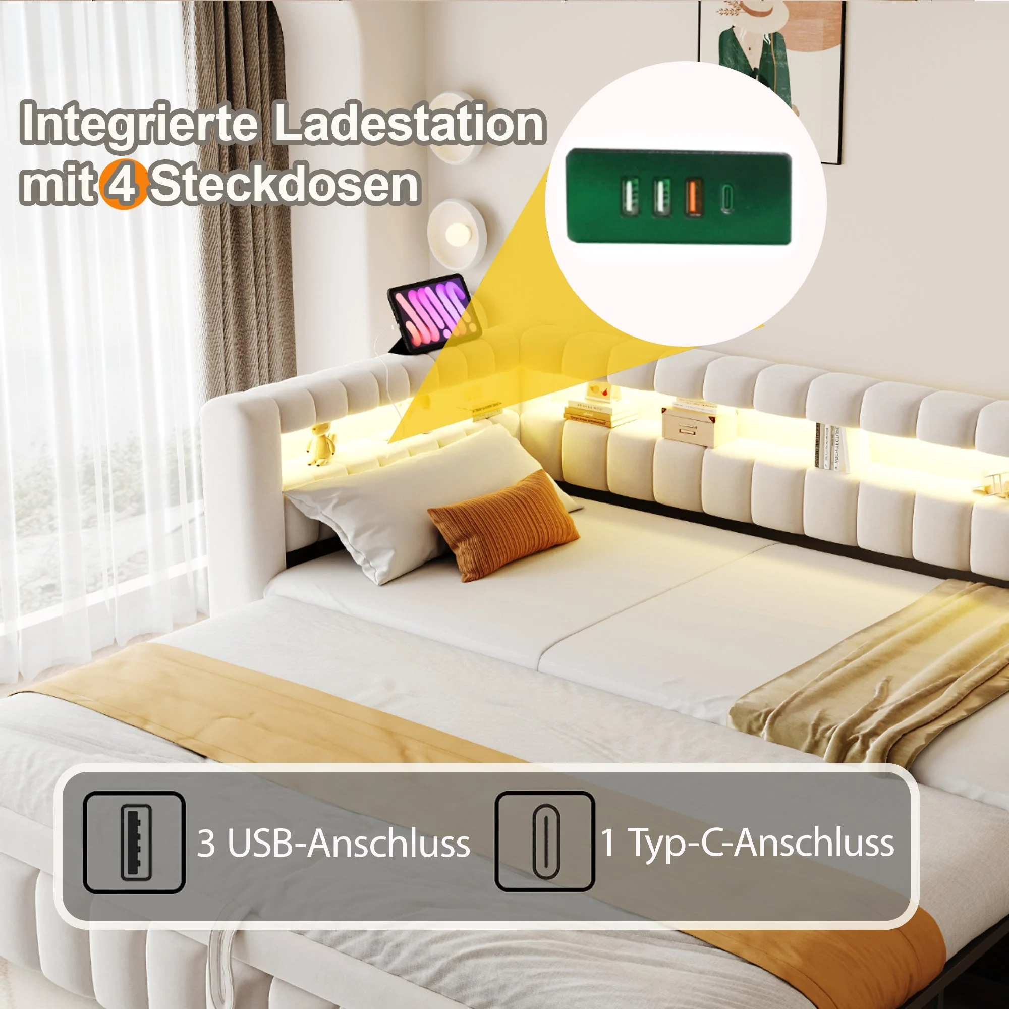 Upholstered Extendable Sofa Bed with LED and USB Port, 90x200cm, Beige Velvet - Image 3