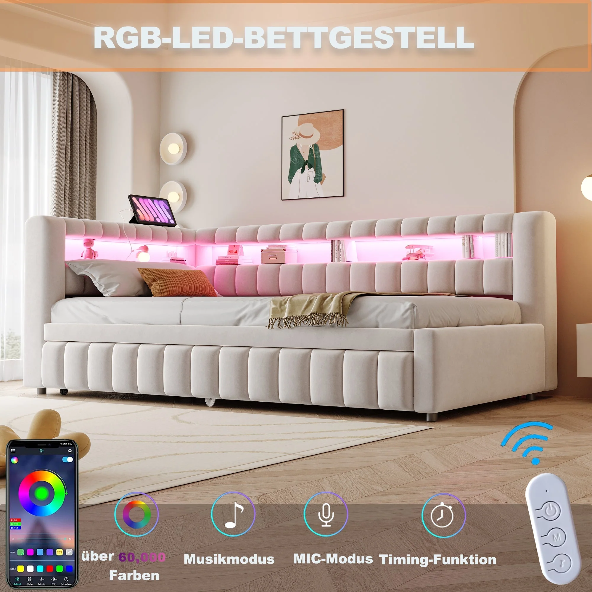 Upholstered Extendable Sofa Bed with LED and USB Port, 90x200cm, Beige Velvet - Image 5