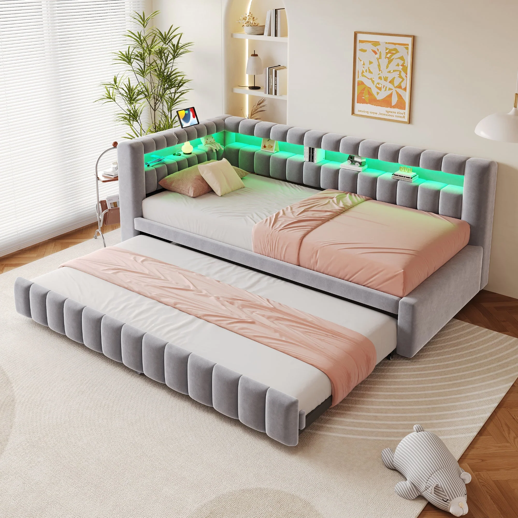 Upholstered Extendable Sofa Bed with LED Lighting, USB Port and Striped Pattern, 90x200cm, Light Grey Velvet - Image 2