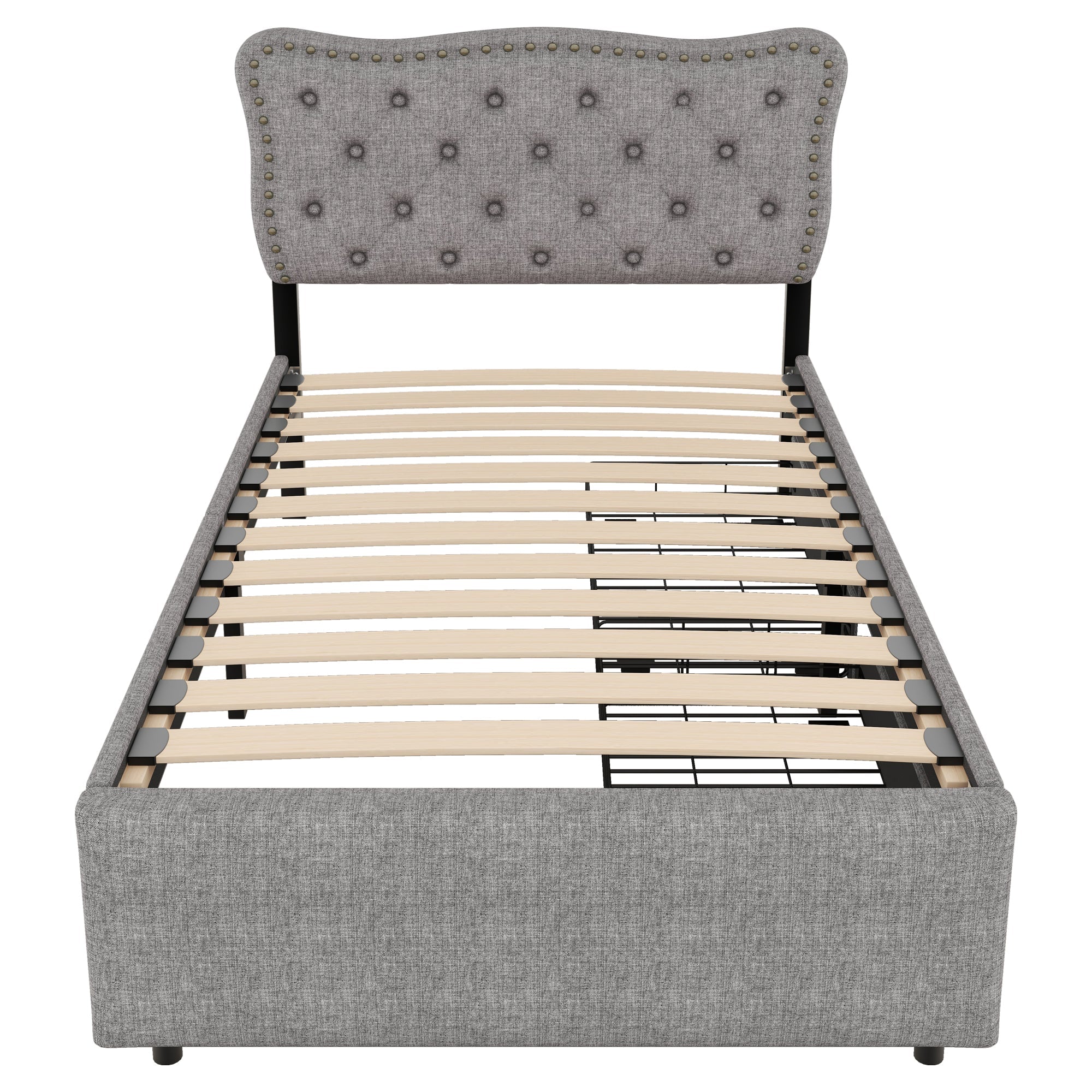 Upholstered Flat Bed 90x200cm Decorative Studs Double Drawers - Grey - Image 17