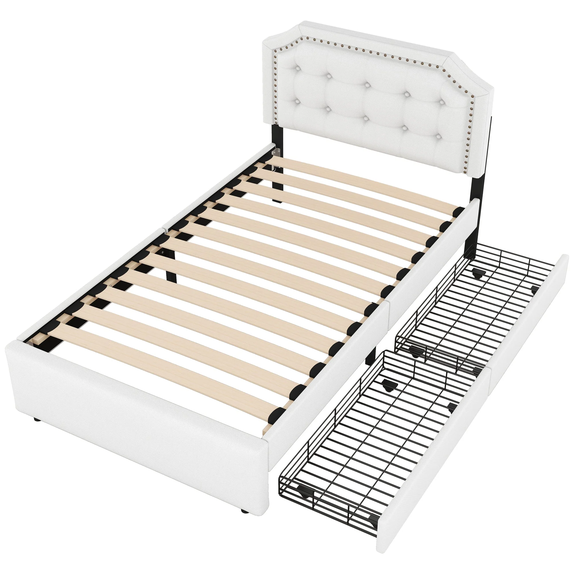 Upholstered Flat Bed 90x200cm Decorative Studs Double Drawers Light Beige - Image 6