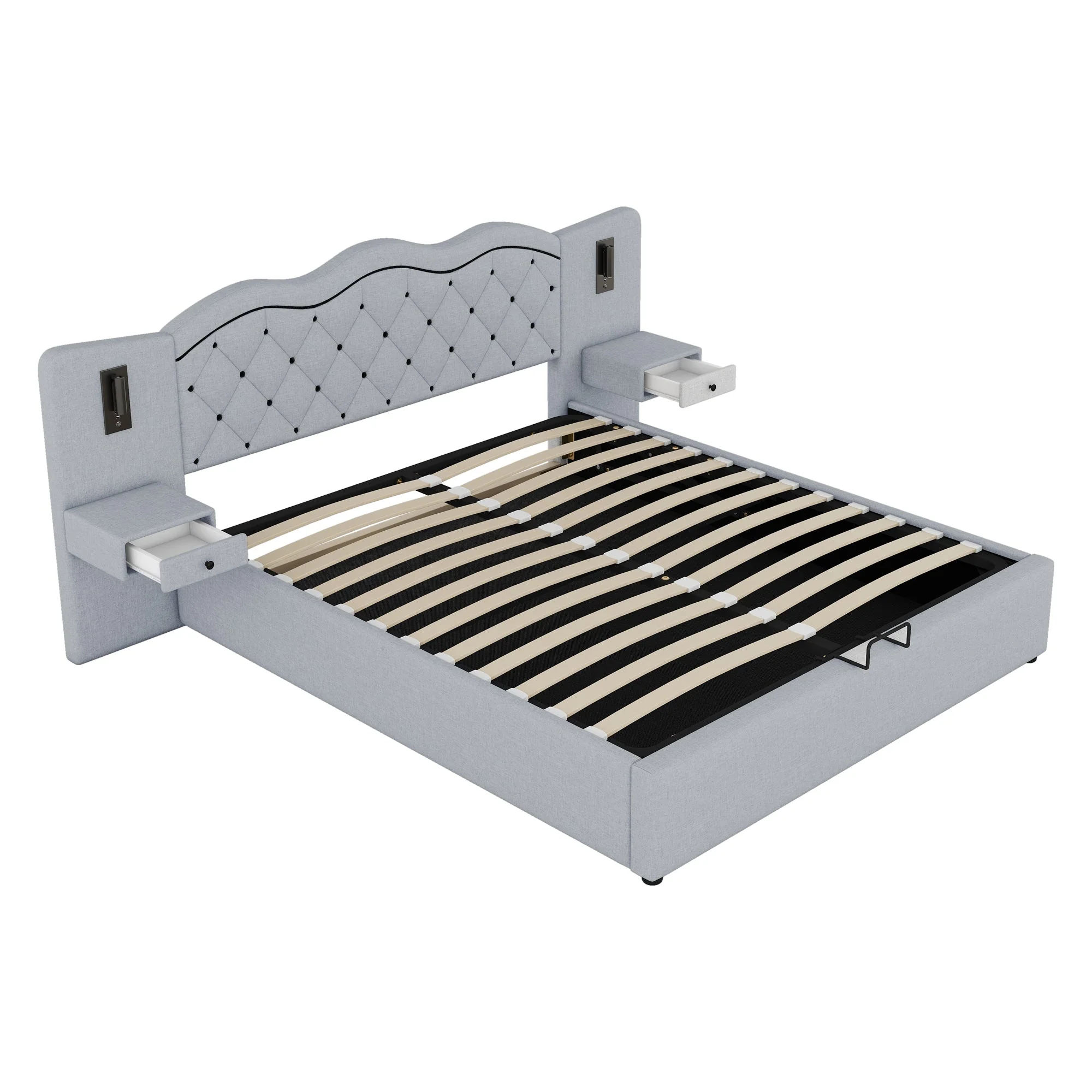 Upholstered Flat Bed with Hydraulic Lifting Mechanism, USB Ports and Storage, Grey - Image 10