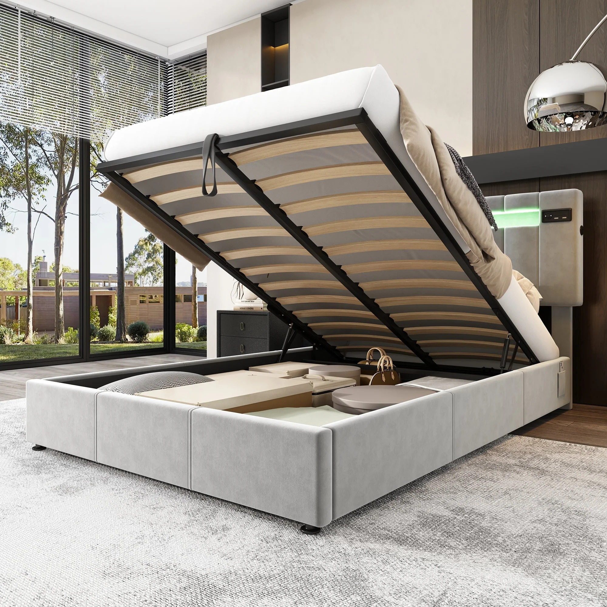 Upholstered Hydraulic Bed, 4ft6 Double 135x190cm, with Bluetooth Stereo, USB Port, LED Lights, Velvet+Iron, Grey - Image 4