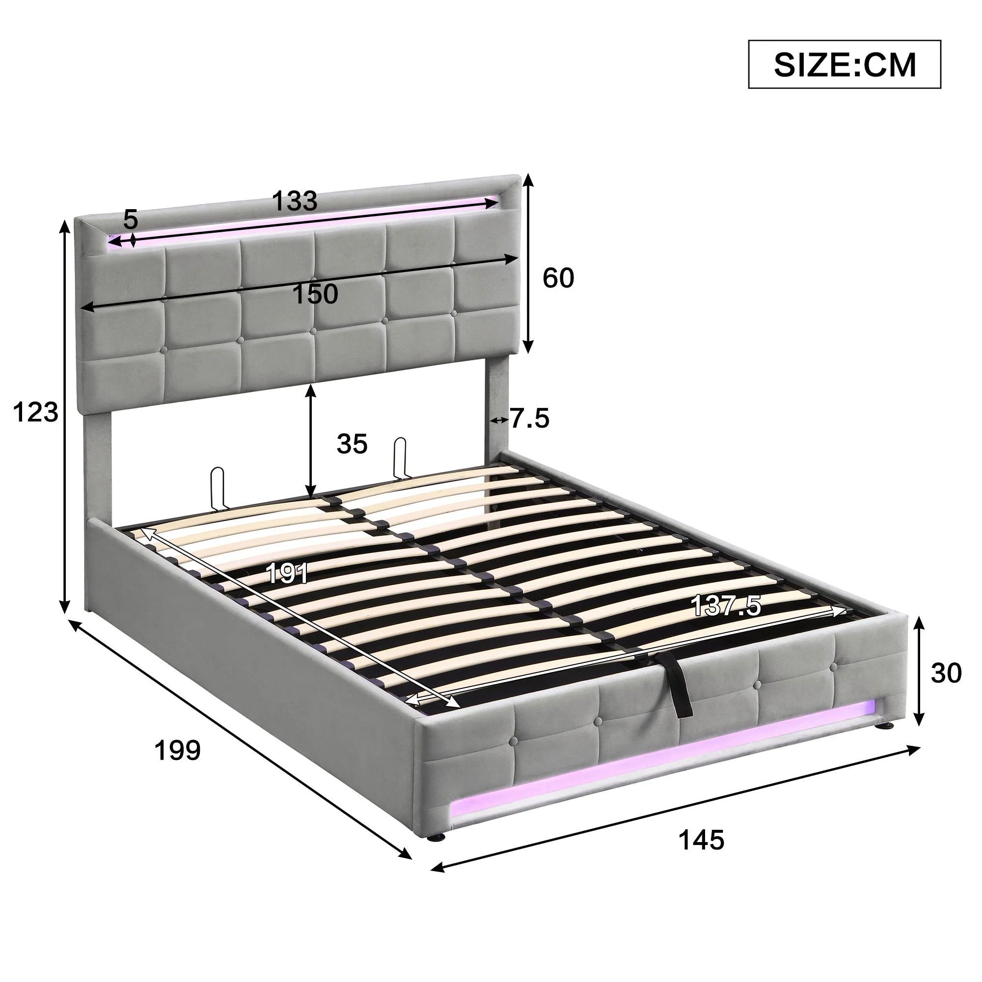 Upholstered Hydraulic Bed, 4ft6 Double 135x190cm with Square Embellishment and 7-Color LED Strips, Grey Velvet+Iron - Image 4