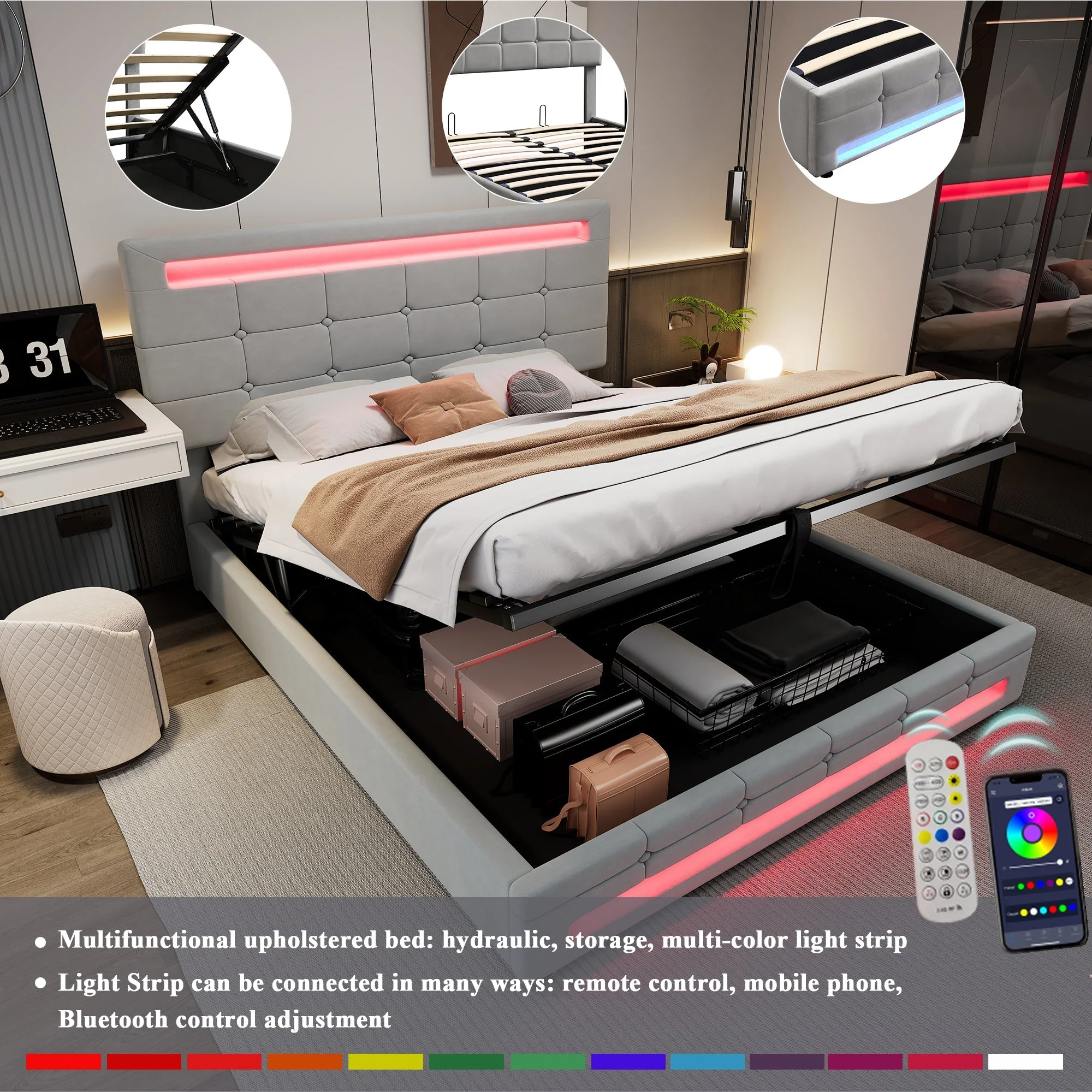 Upholstered Hydraulic Bed, 4ft6 Double 135x190cm with Square Embellishment and 7-Color LED Strips, Grey Velvet+Iron - Image 5