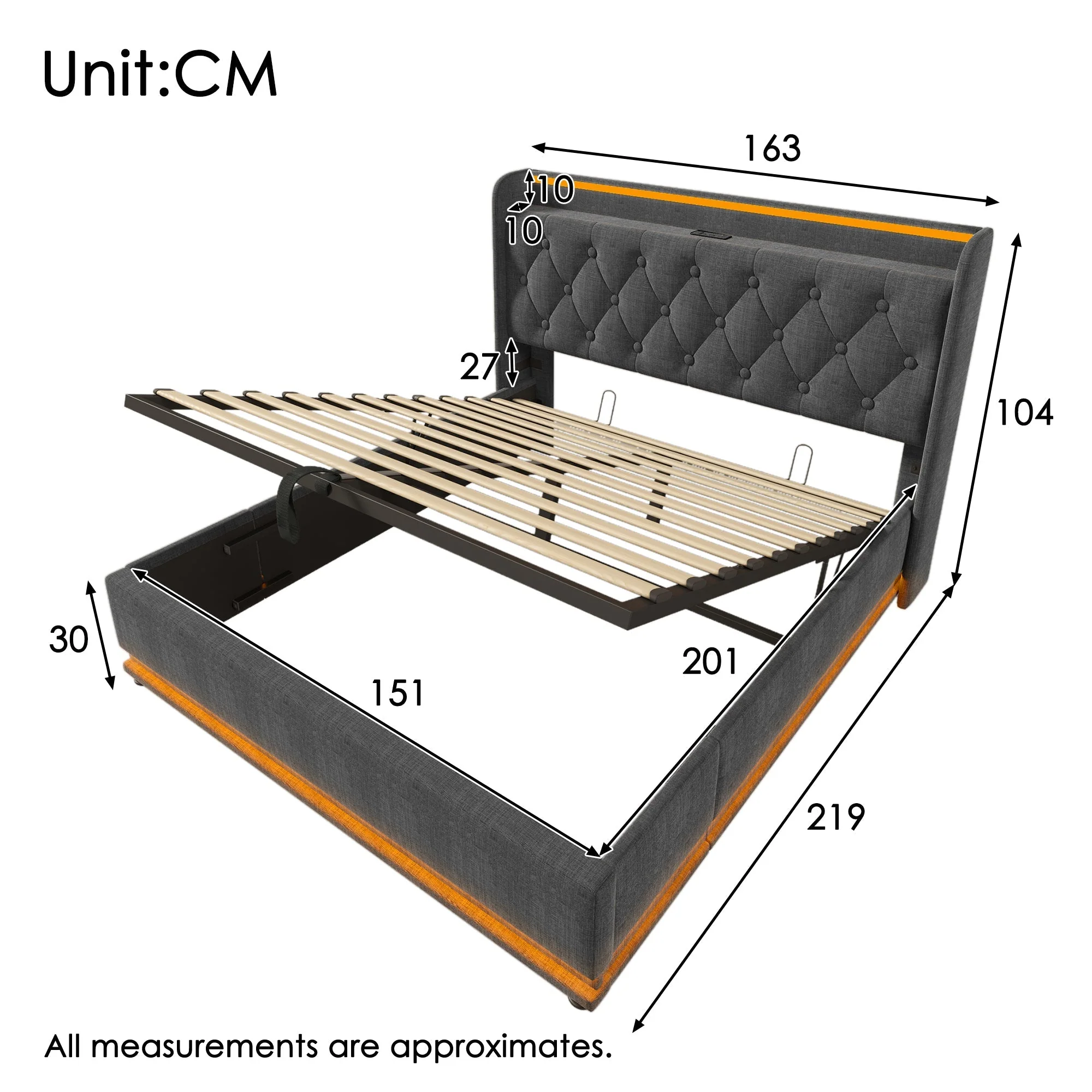 Upholstered King Ottoman Bed with 360 Surround LED Function, Hydraulic Storage, Charging Function, Linen Grey - Image 2