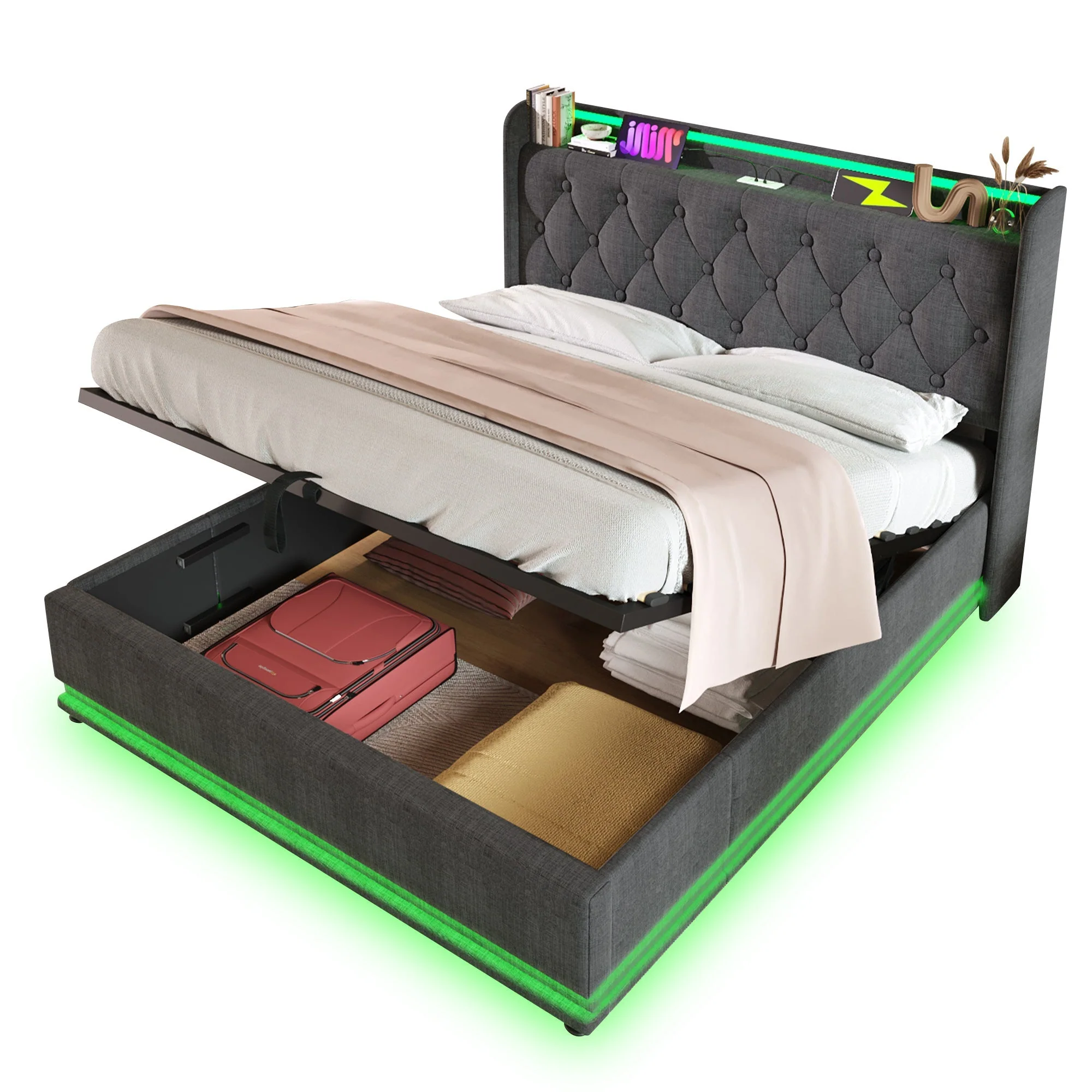Upholstered King Ottoman Bed with 360 Surround LED Function, Hydraulic Storage, Charging Function, Linen Grey - Image 7