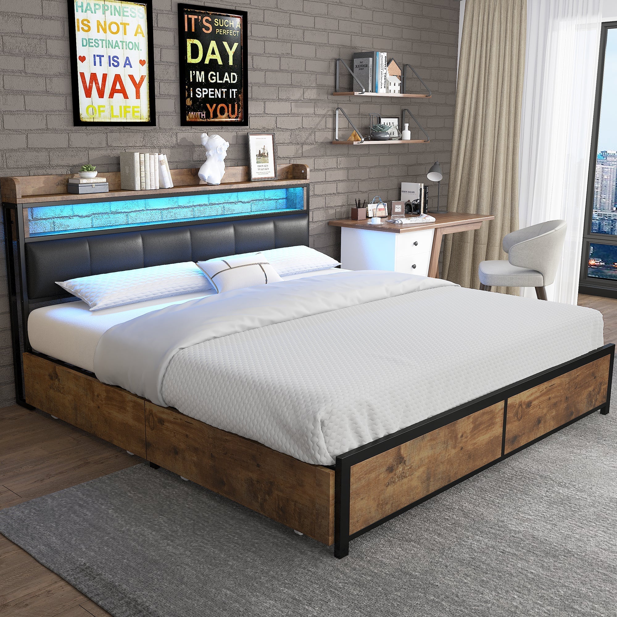 Upholstered LED Bed with 4 Drawers and Slatted Base, 160x200cm, Black PU - Image 3