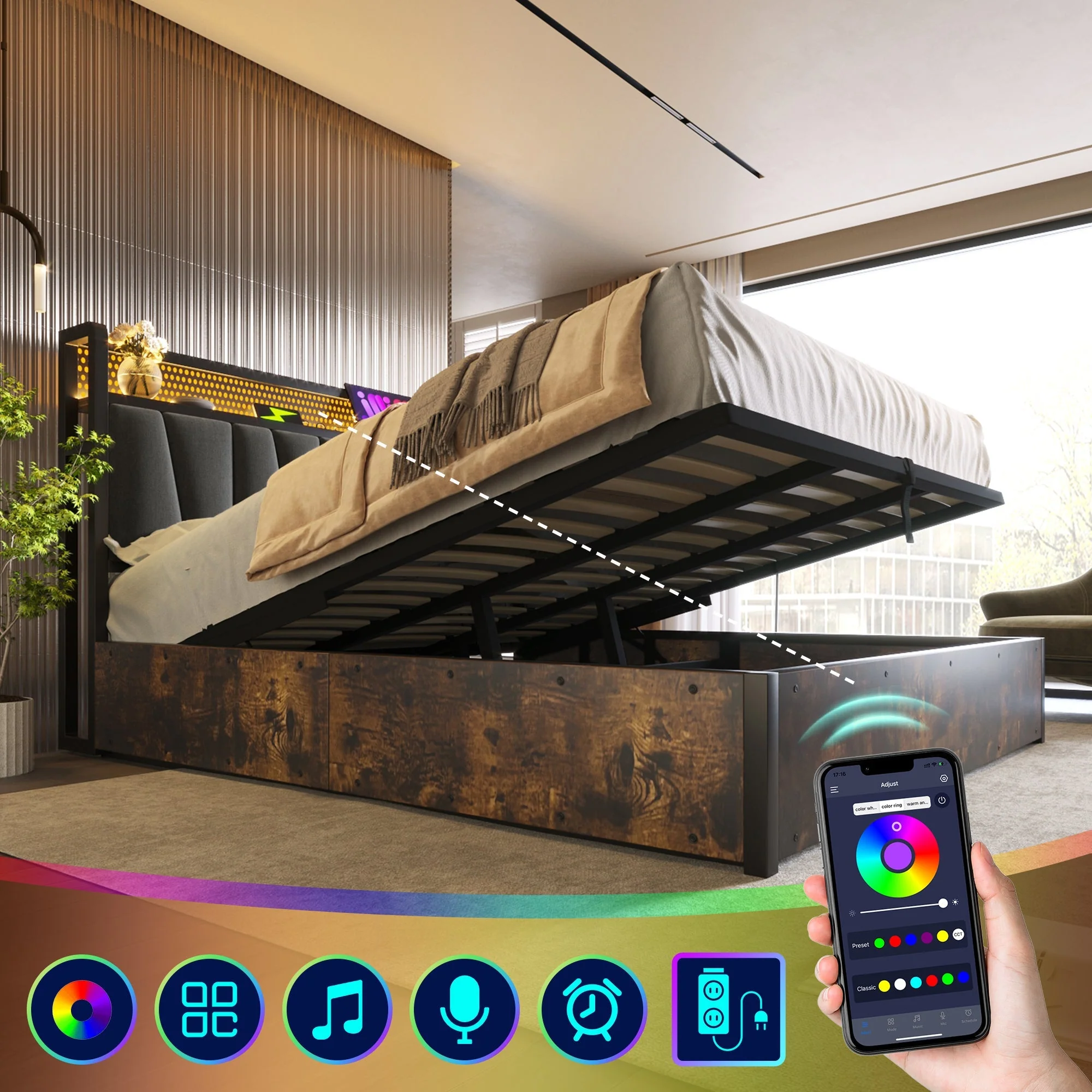 Upholstered Metal Bed, LED App-Control Double with USB, Gray - Image 7