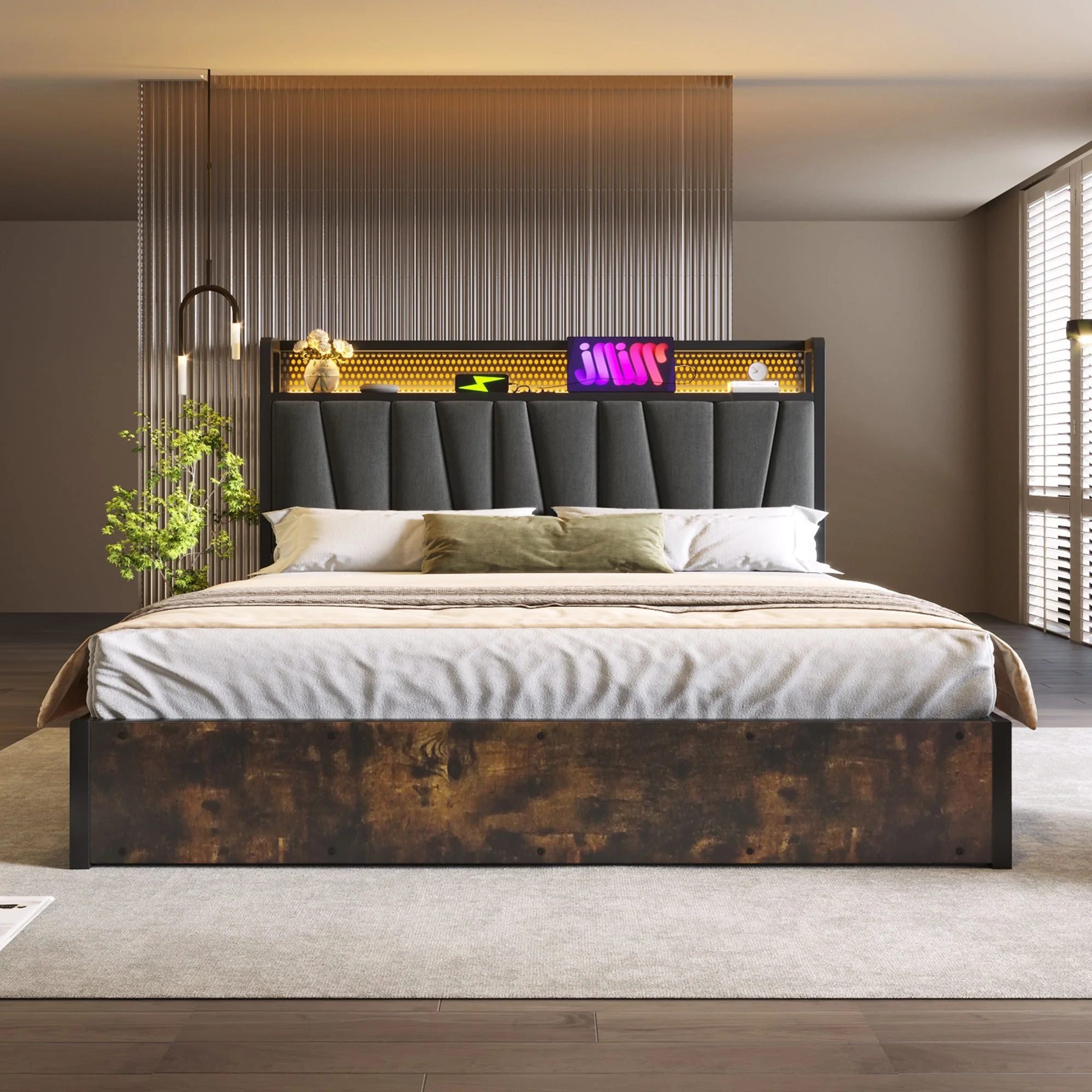 Upholstered Metal Bed, LED App-Control Double with USB, Gray - Image 8