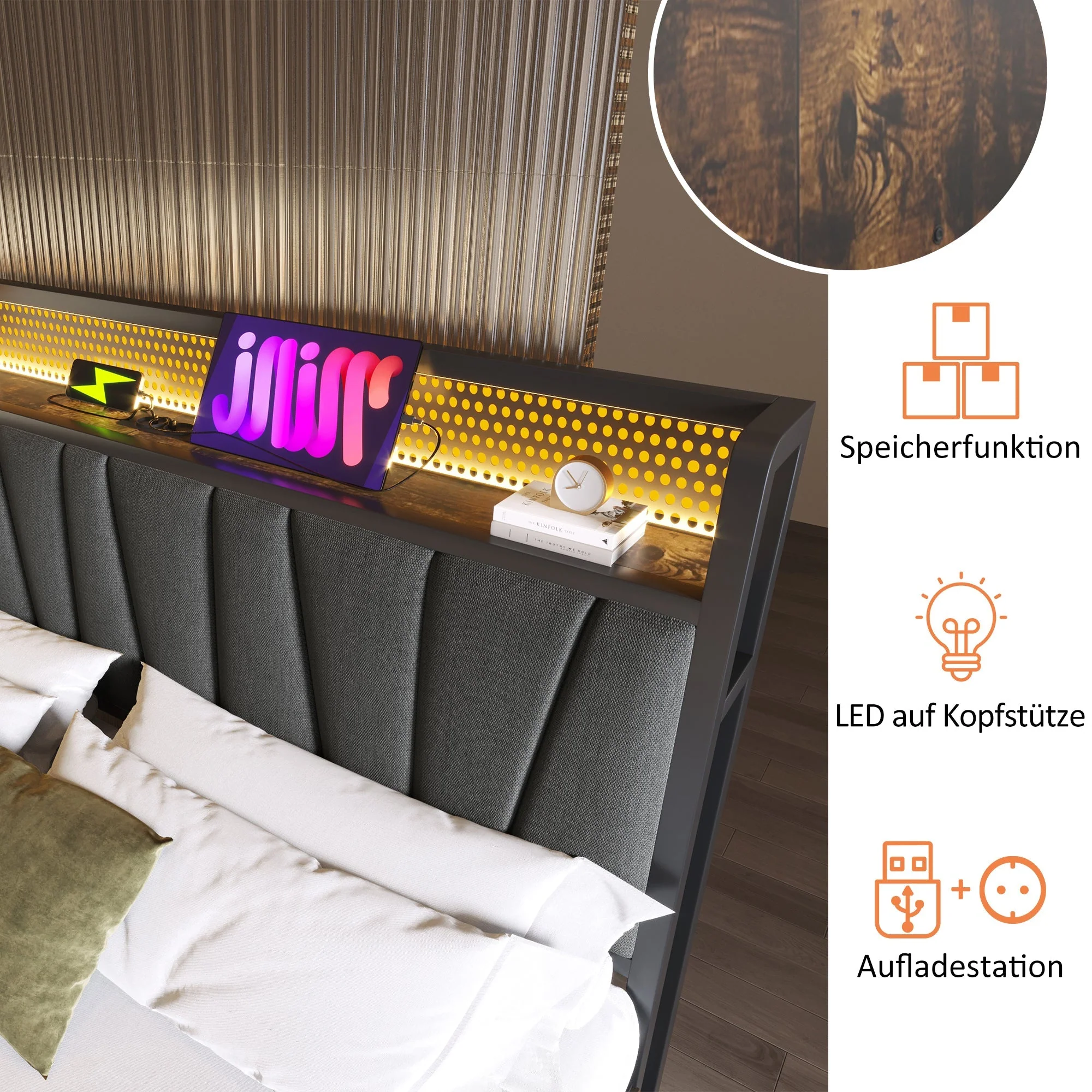 Upholstered Metal Bed, LED App-Control, USB Charging, 160x200cm, Gray - Image 2