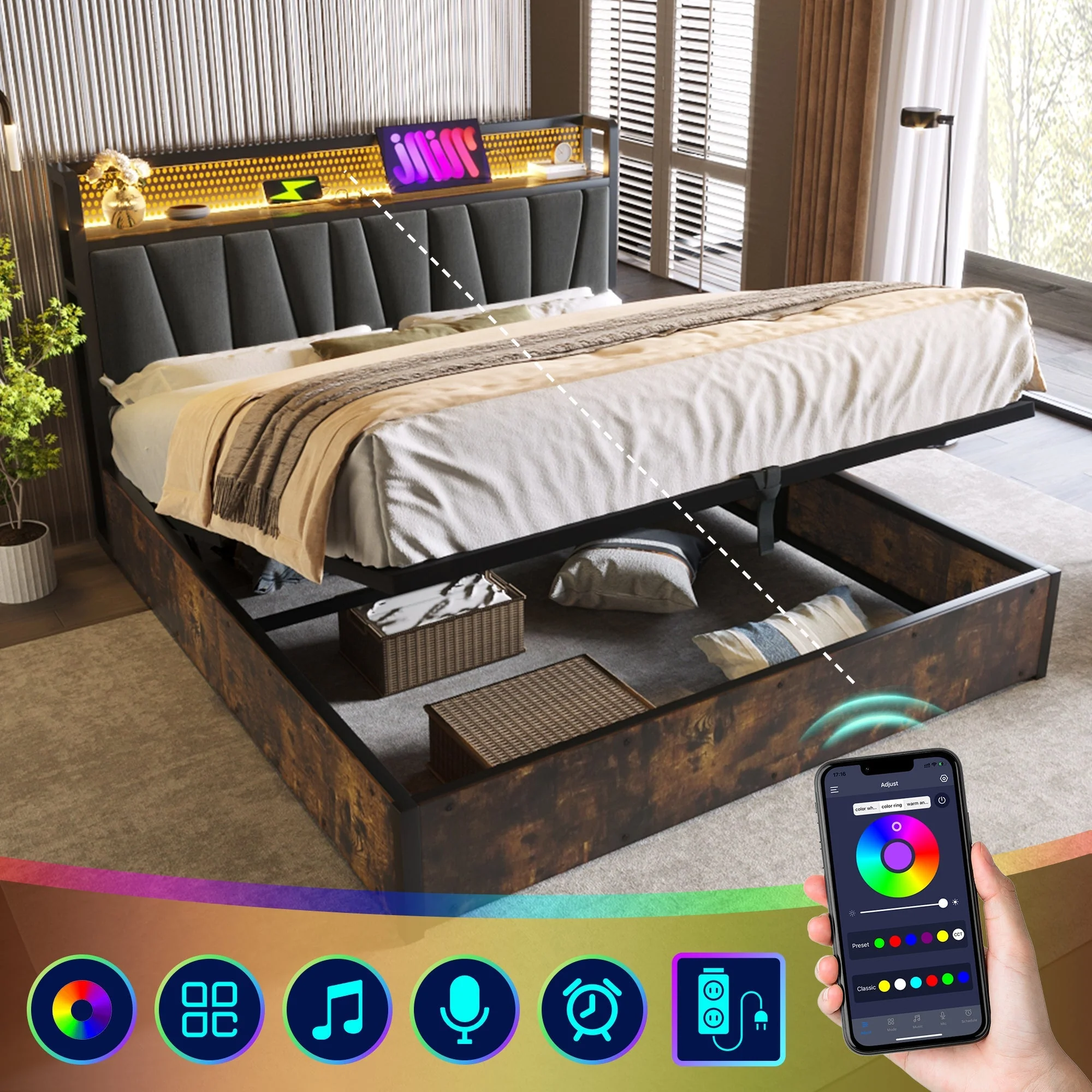 Upholstered Metal Bed, LED App-Control, USB Charging, Double 140x200cm, Gray