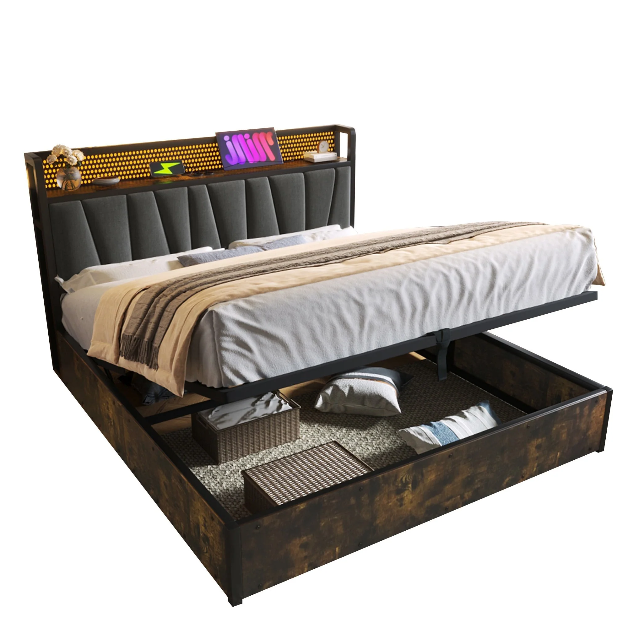 Upholstered Metal Bed, LED App-Control, USB Charging, Double 140x200cm, Gray - Image 4