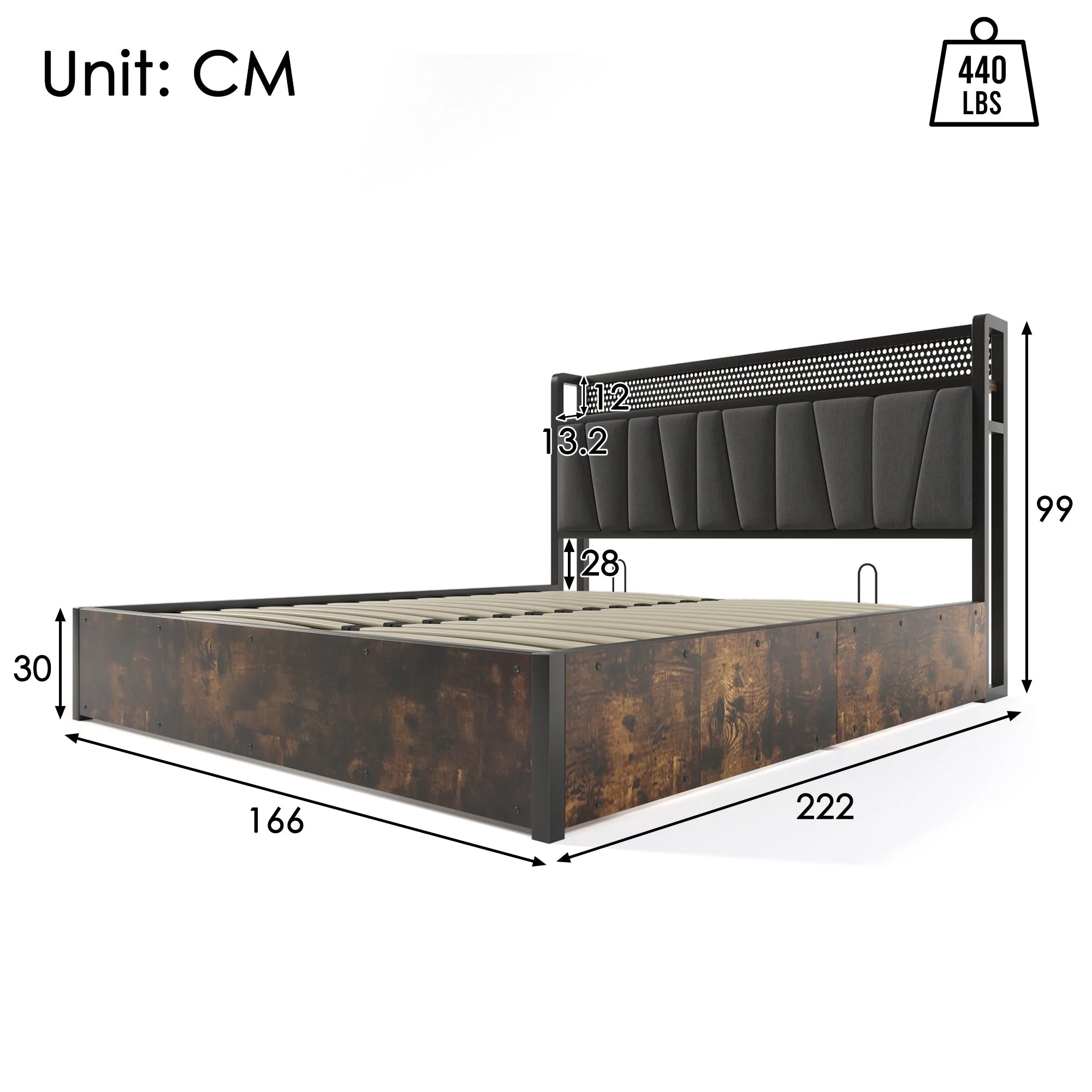 Upholstered Metal Bed, LED App-Control, USB Charging, Headboard & Lighting, Gray - Image 3