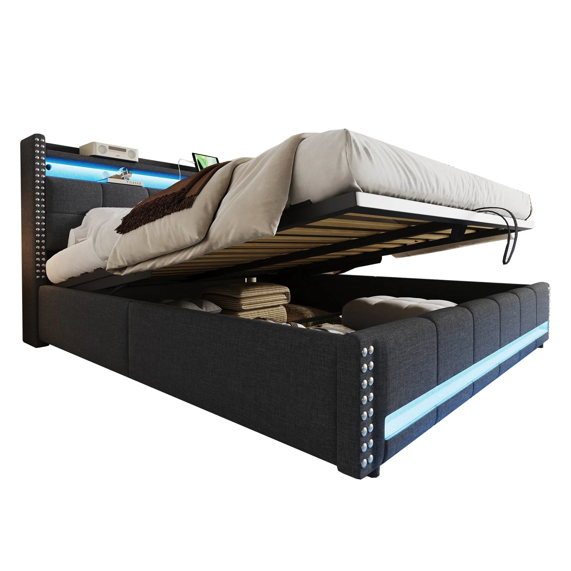 Upholstered Modular Bed with LED Headboard, USB Port and Hydraulic Storage, Gray Linen Fabric - Image 10