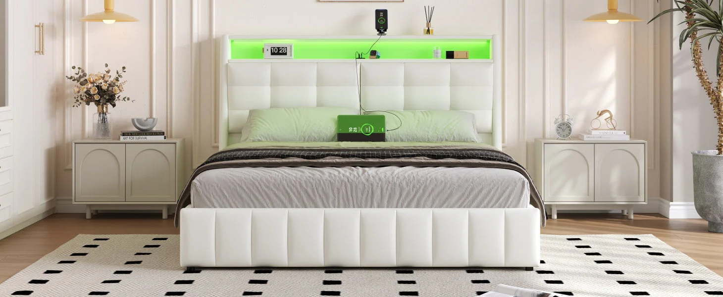 Upholstered Platform Bed 160x200 LED USB Storage Adjustable Headboard - White - Image 10