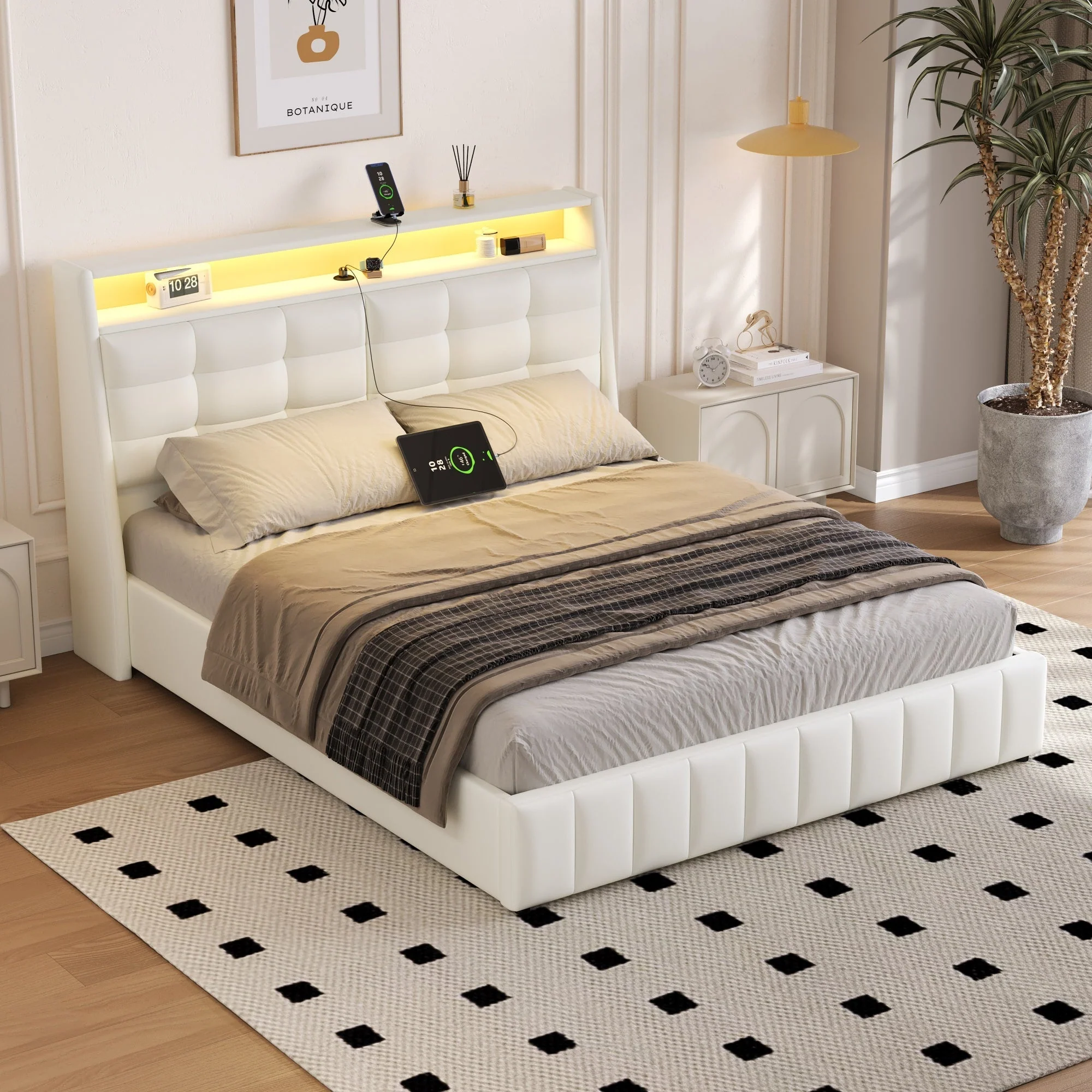 Upholstered Platform Bed 160x200 LED USB Storage Adjustable Headboard - White - Image 3