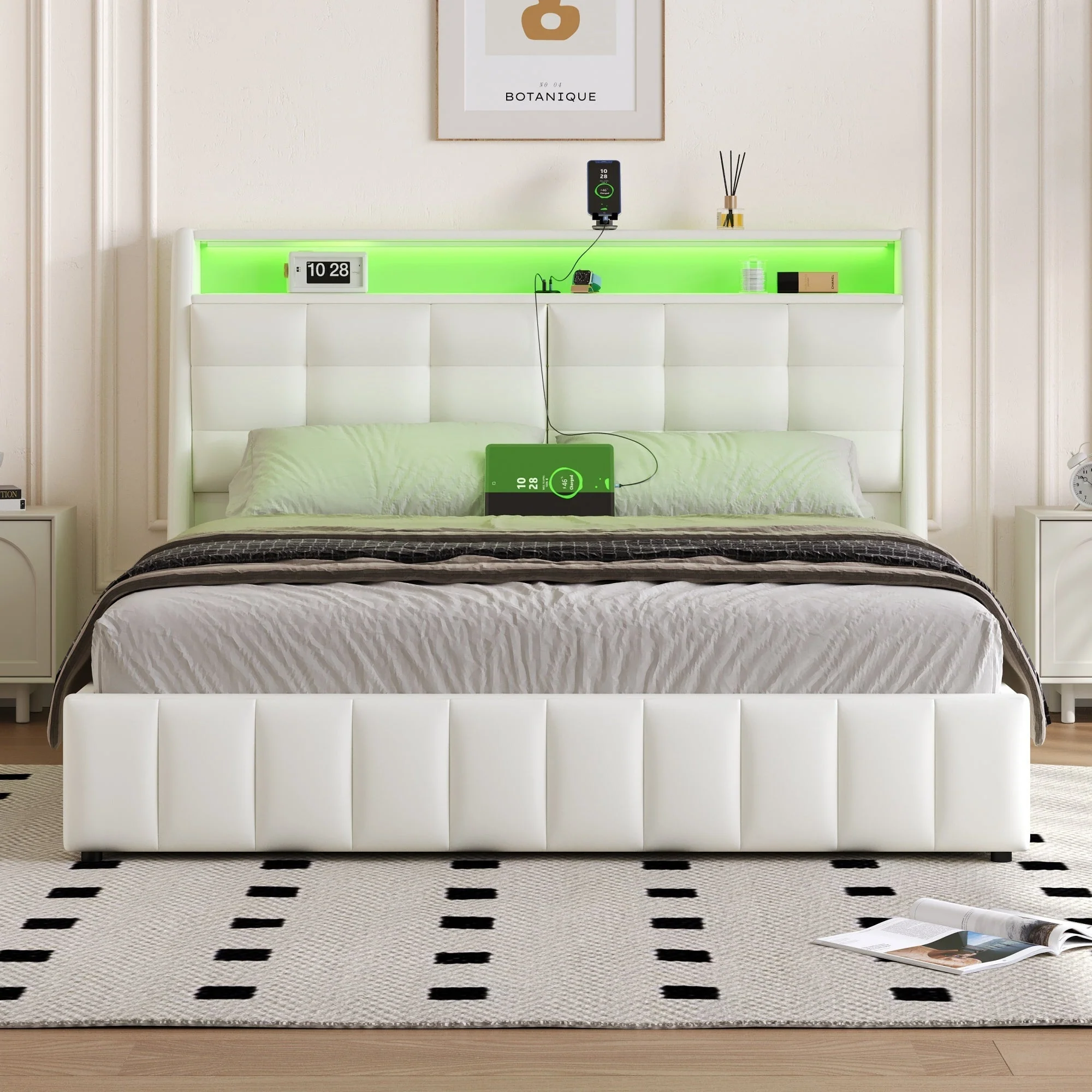Upholstered Platform Bed 160x200 LED USB Storage Adjustable Headboard - White - Image 4