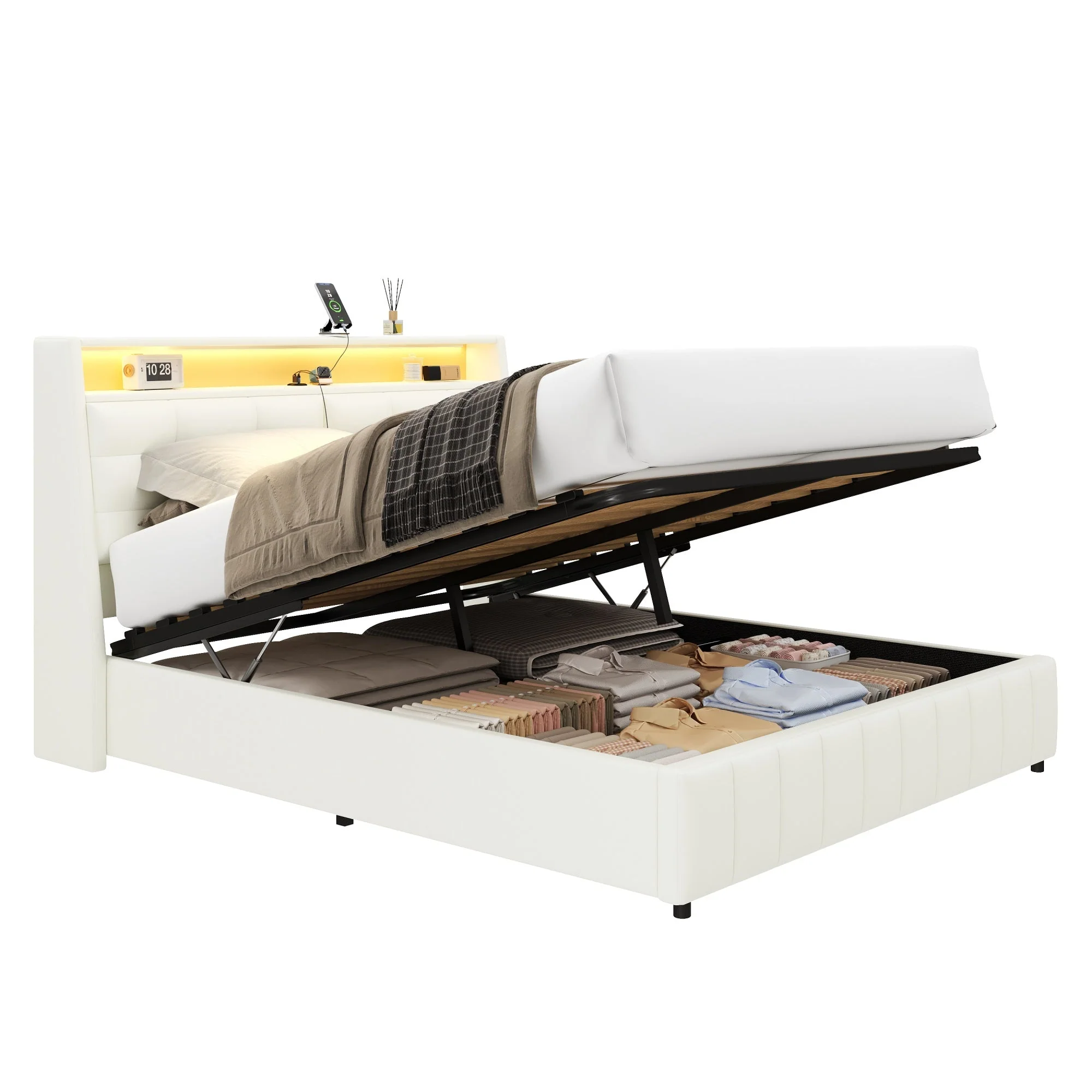 Upholstered Platform Bed 160x200 LED USB Storage Adjustable Headboard - White - Image 6