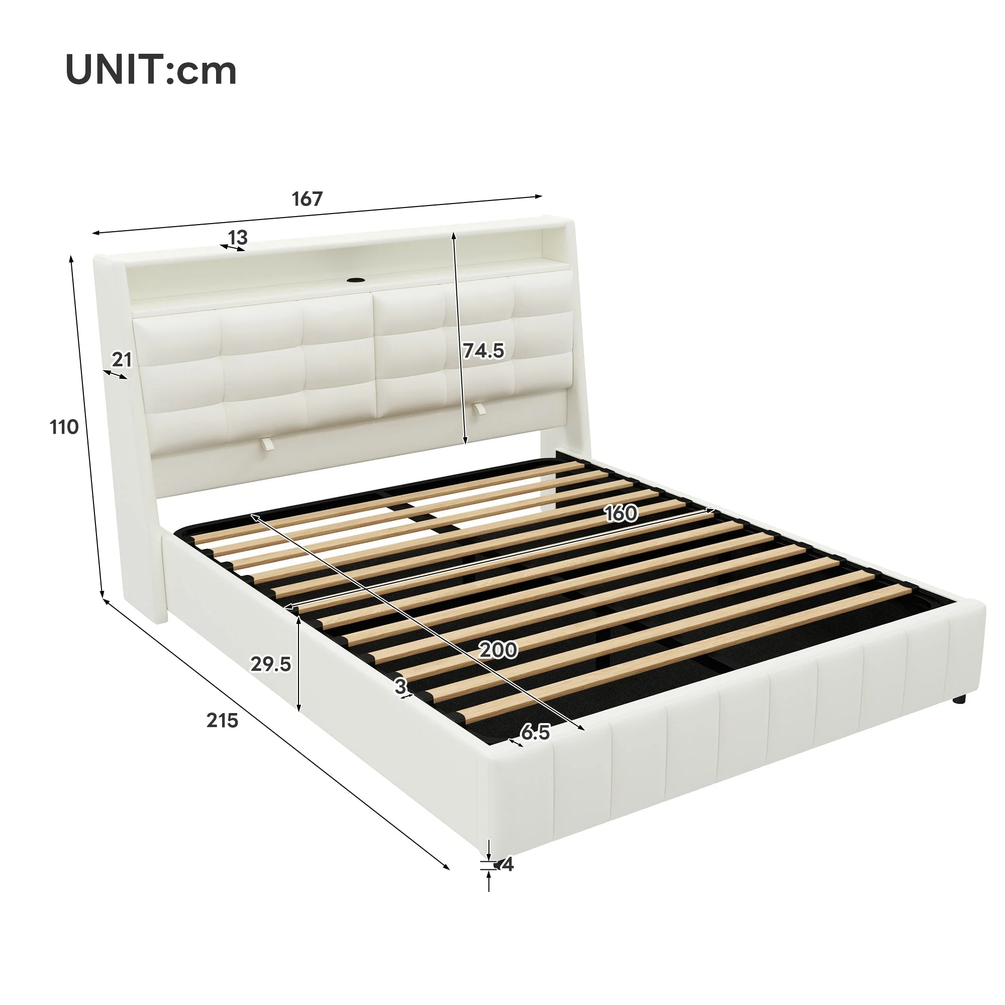 Upholstered Platform Bed 160x200 LED USB Storage Adjustable Headboard - White - Image 7