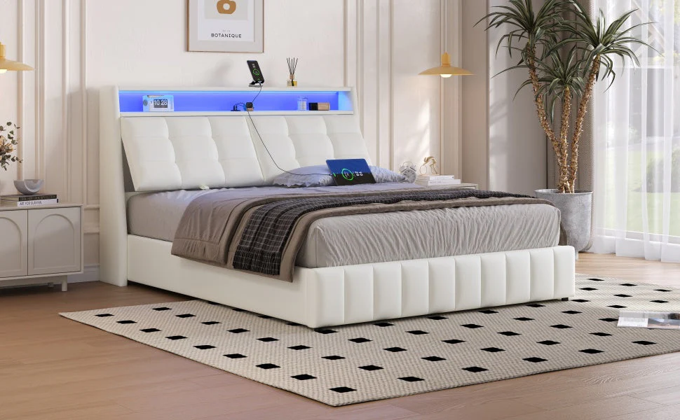 Upholstered Platform Bed 160x200 LED USB Storage Adjustable Headboard - White - Image 8