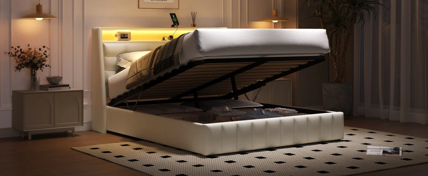 Upholstered Platform Bed 160x200 LED USB Storage Adjustable Headboard - White - Image 9