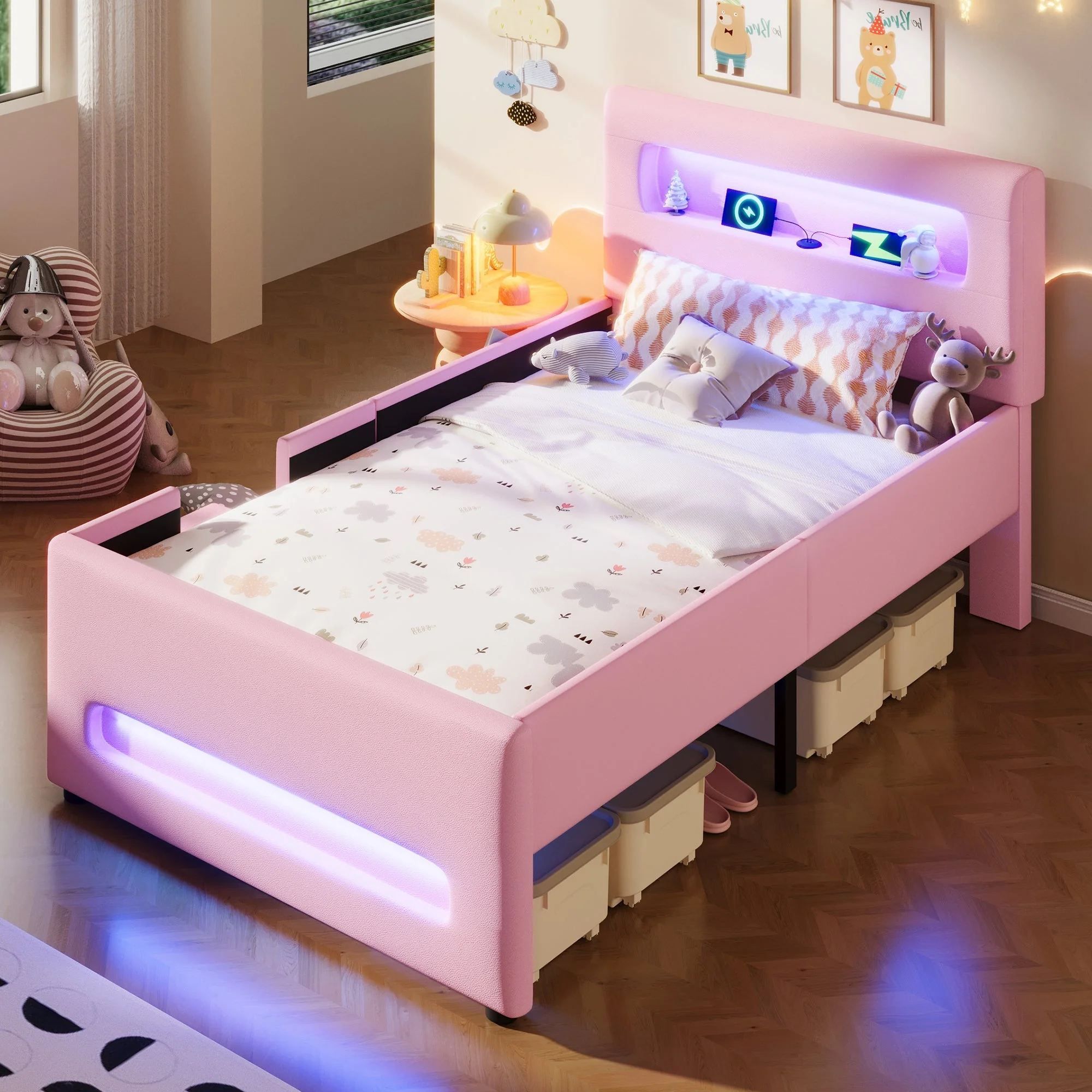 Upholstered Platform Bed 90x200cm Stairs Drawers LED USB Storage Pockets - Pink - Image 4