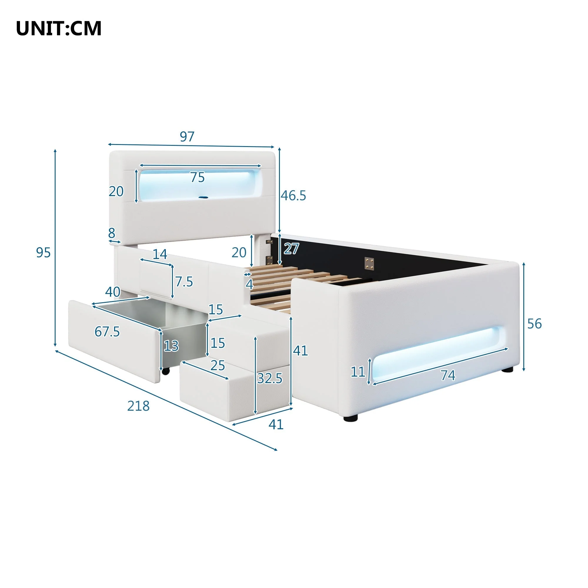 Upholstered Platform Bed 90x200cm Stairs Drawers LED USB Storage Pockets - White - Image 5