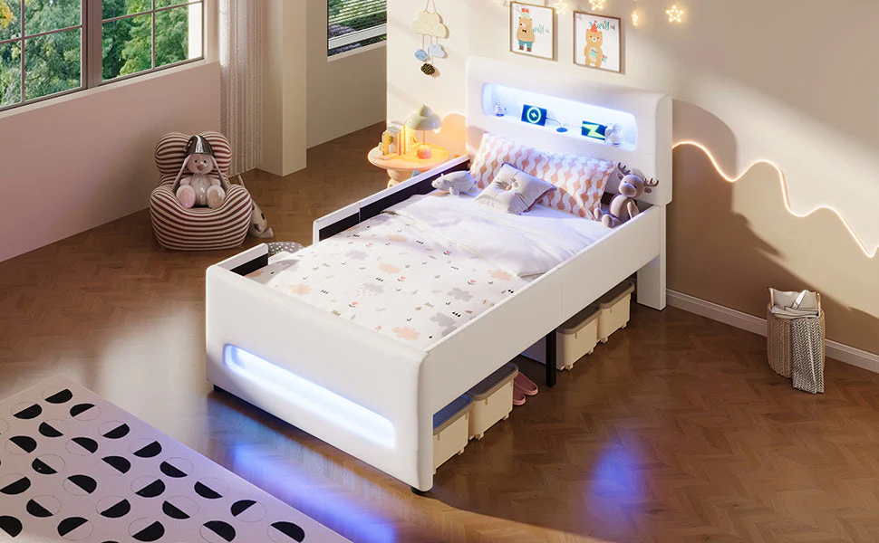 Upholstered Platform Bed 90x200cm Stairs Drawers LED USB Storage Pockets - White - Image 6