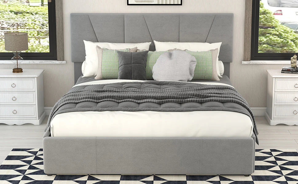 Upholstered Platform Bed Double Size 140x200cm 4 Drawers Adjustable Headboard Grey - Image 4