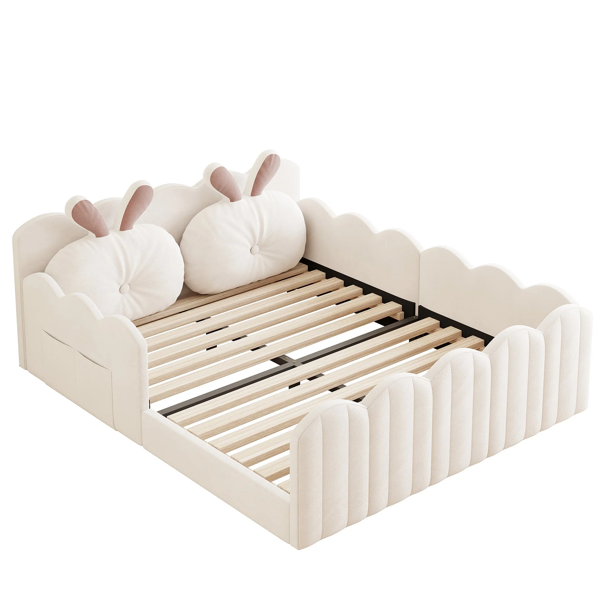 Upholstered Platform Bed with Rabbit-Shaped Cushions, 140x200cm, Beige Velvet - Image 9