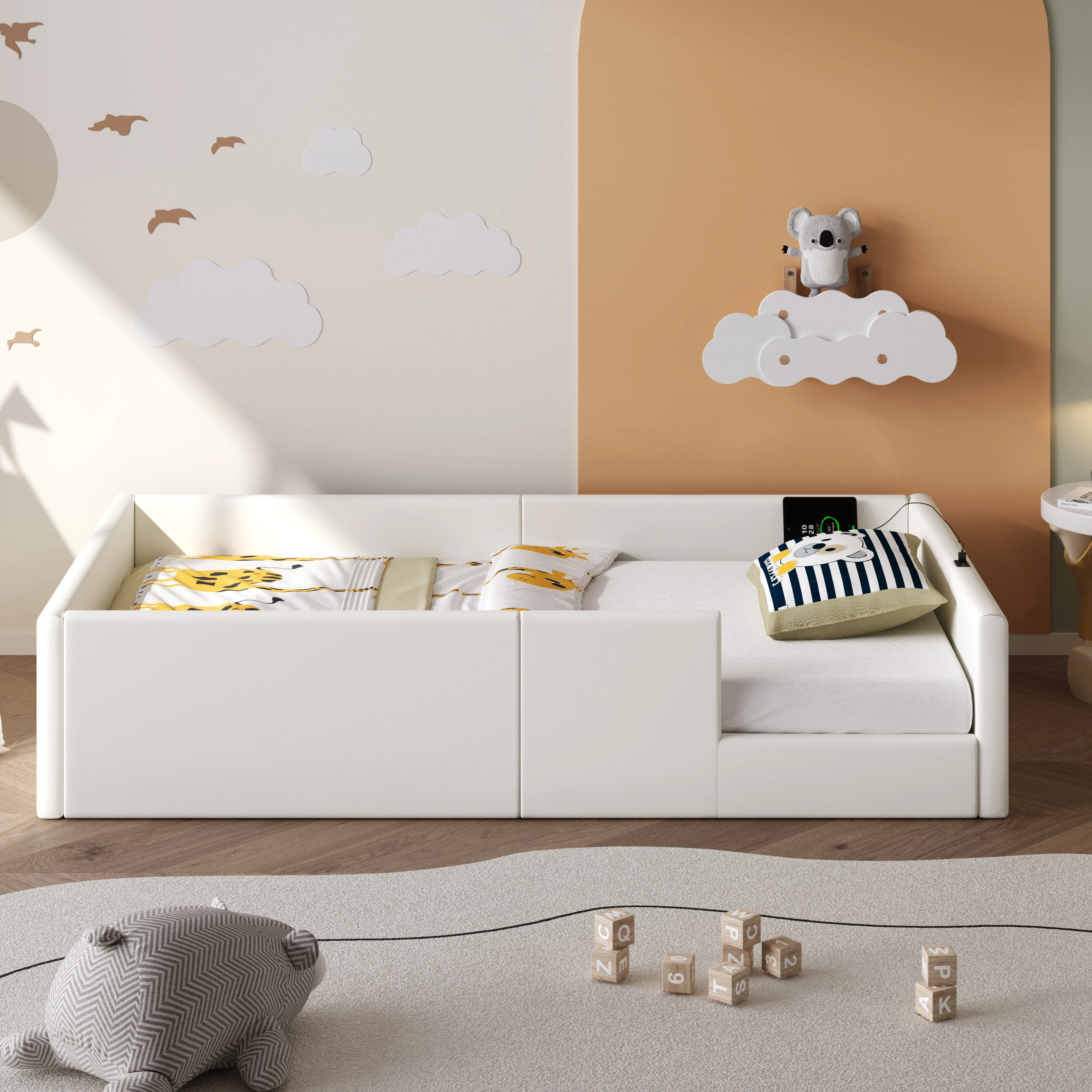 Upholstered Platform Bed with Safety Railing and Charging Station, 90x200cm, White Velvet - Image 2