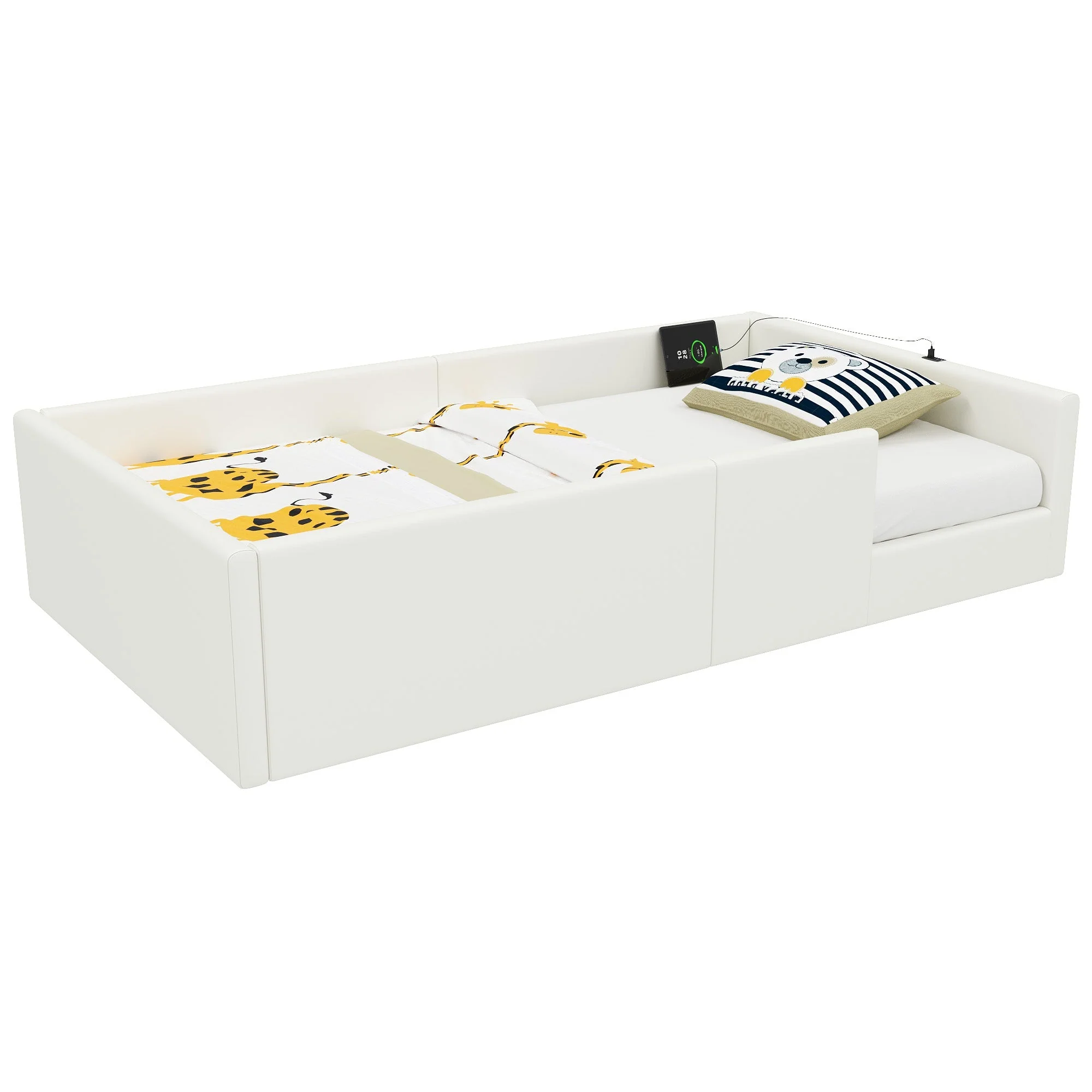 Upholstered Platform Bed with Safety Railing and Charging Station, 90x200cm, White Velvet - Image 4